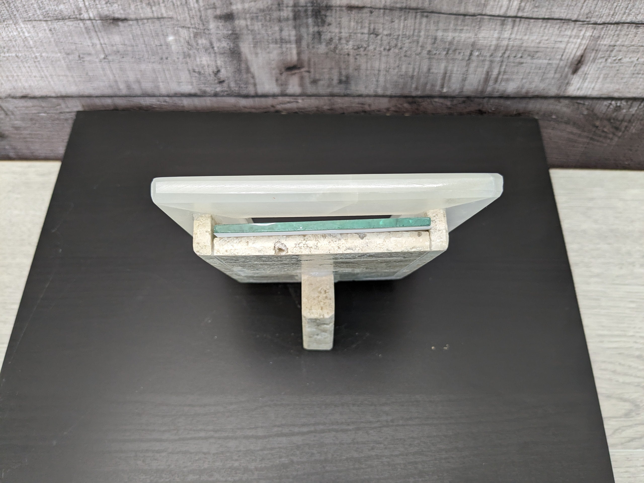 White Onyx Frame with Glass Covering and Travertine Stone Stand. Handmade in Mexico. We package and ship from the USA. Buy now at www.felipeandgrace.com.