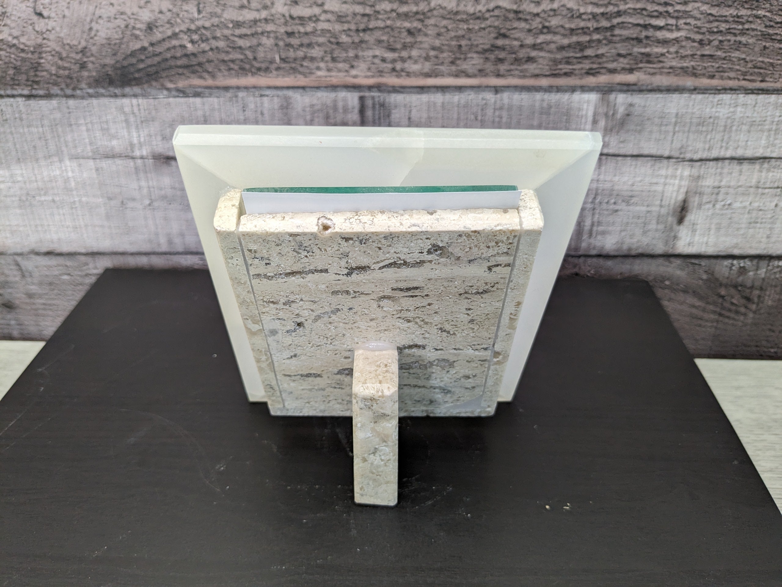 White Onyx Frame with Glass Covering and Travertine Stone Stand. Handmade in Mexico. We package and ship from the USA. Buy now at www.felipeandgrace.com.