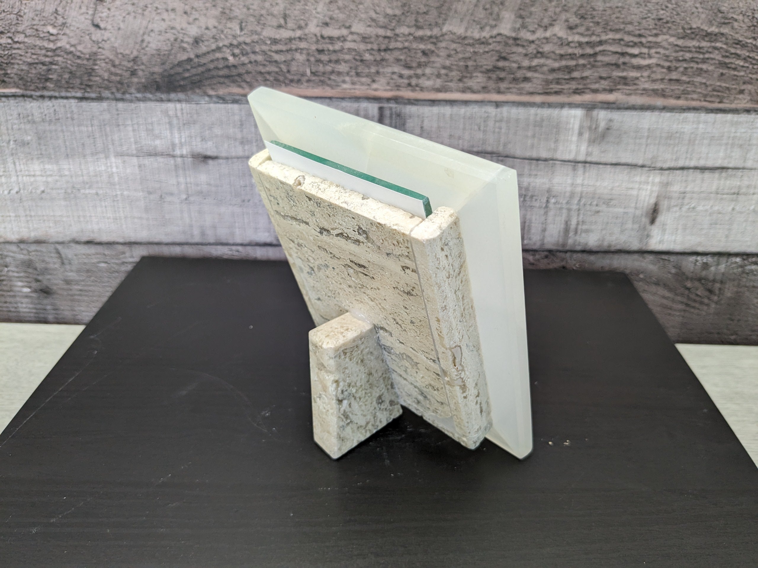 White Onyx Frame with Glass Covering and Travertine Stone Stand. Handmade in Mexico. We package and ship from the USA. Buy now at www.felipeandgrace.com.