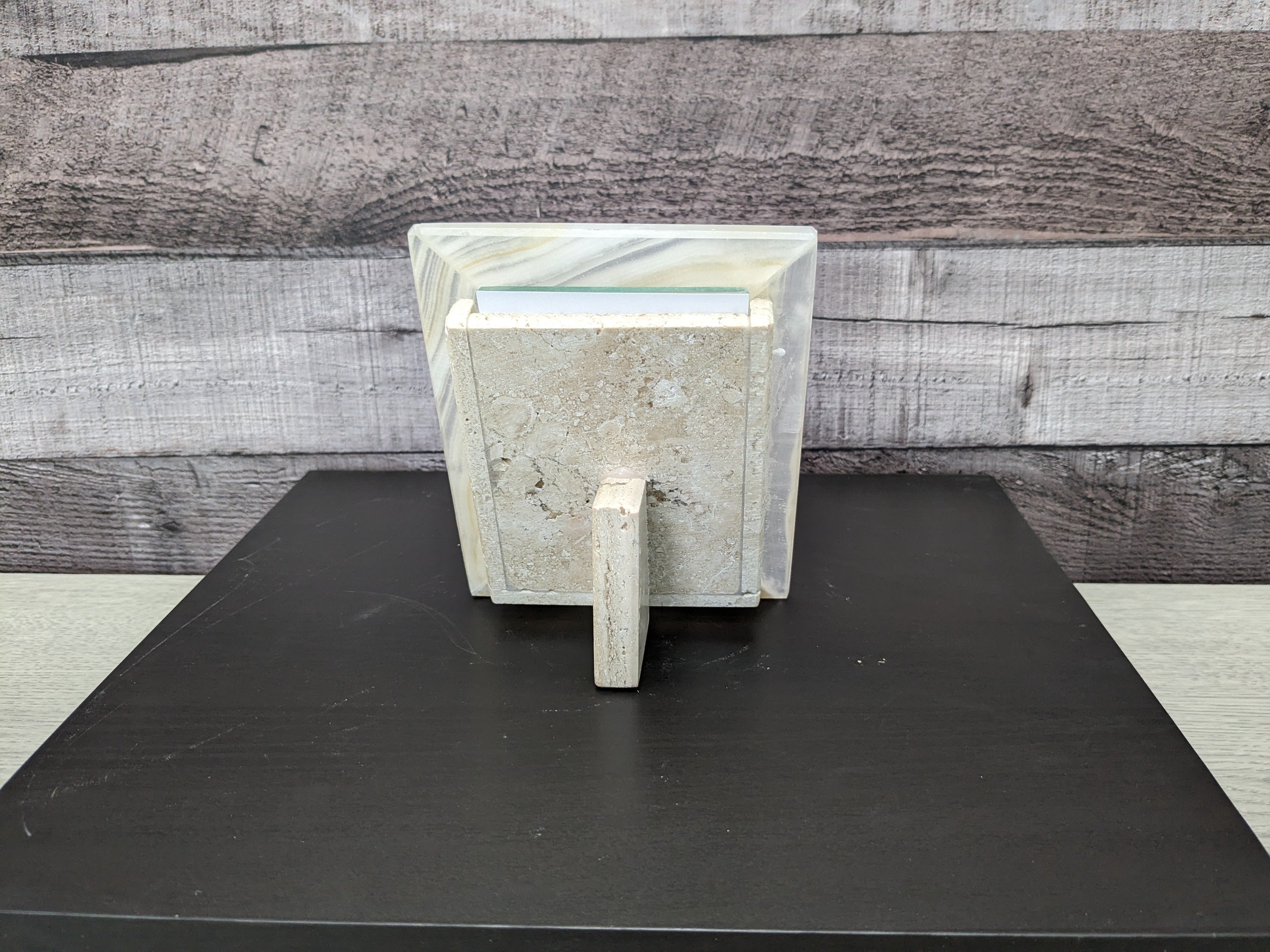 White Onyx Frame with Glass Covering and Travertine Stone Stand. Handmade in Mexico. We package and ship from the USA. Buy now at www.felipeandgrace.com.