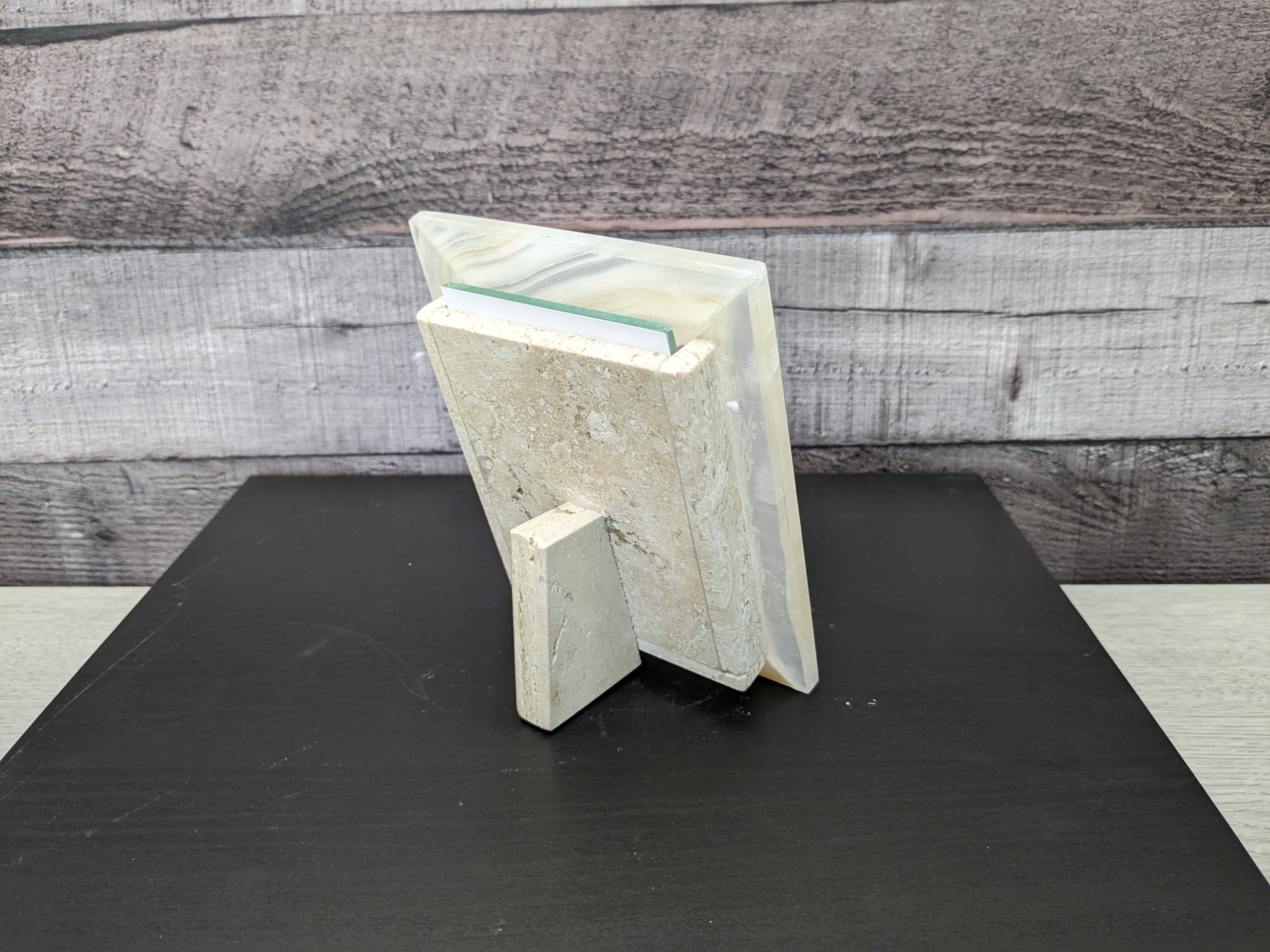 White Onyx Frame with Glass Covering and Travertine Stone Stand. Handmade in Mexico. We package and ship from the USA. Buy now at www.felipeandgrace.com.