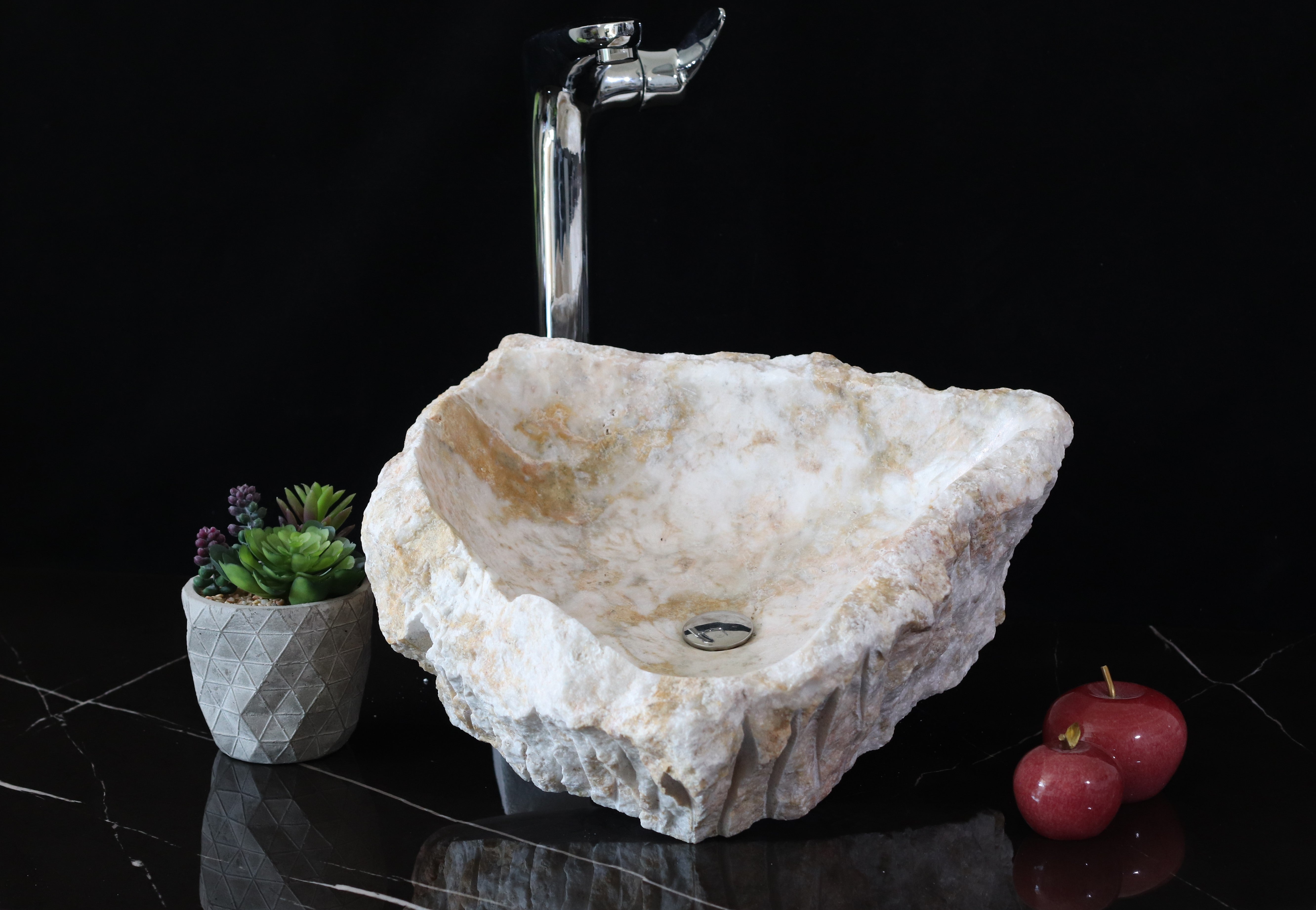 White and Cream Onyx Vessel Sink. A beautiful work of art. We offer fast shipping. Handmade in Mexico. We hand finish, package, and ship from the USA. Buy now at www.felipeandgrace.com.