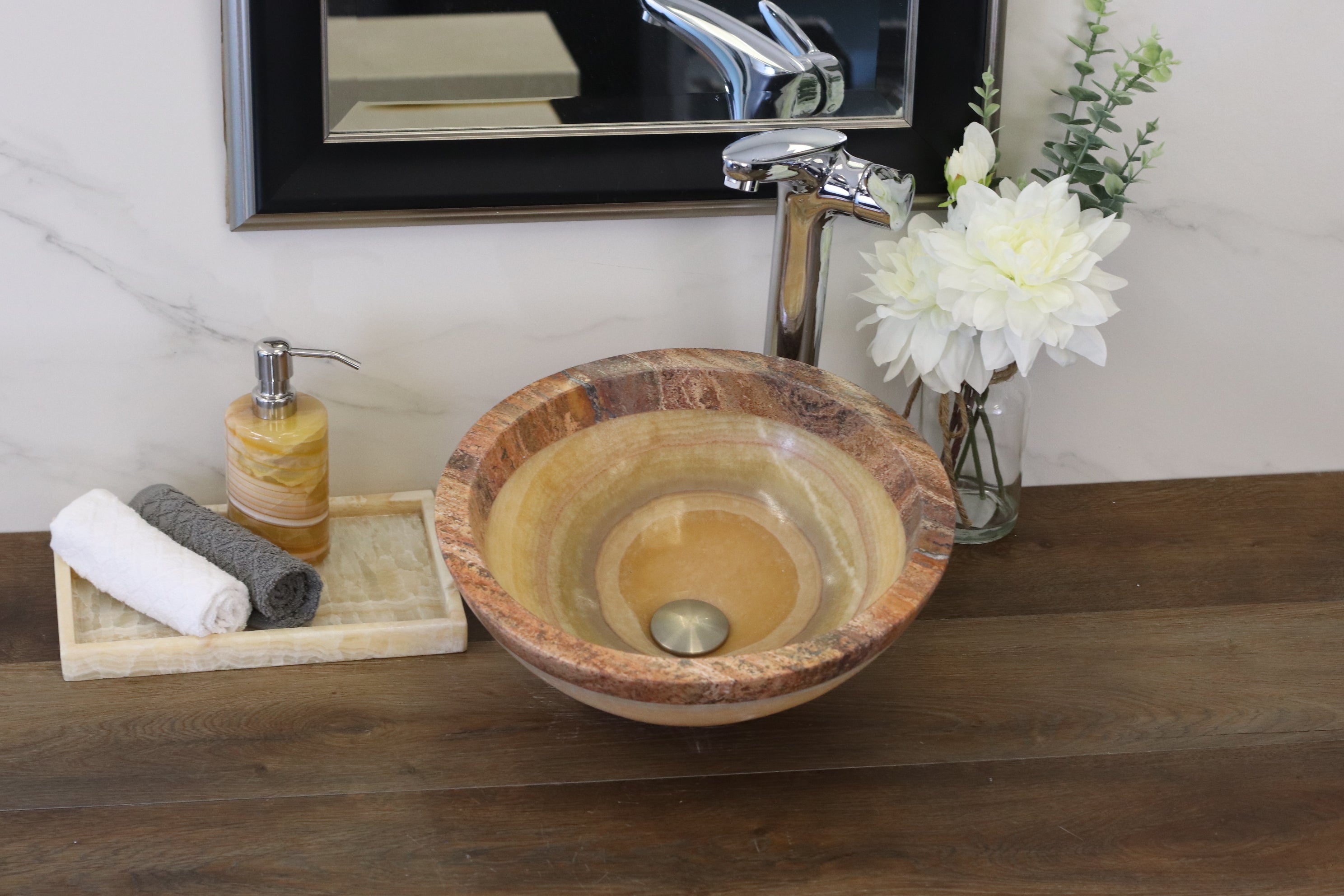 Onyx and Travertine Stone Vessel Sink - Round Bathroom Sinks Onyx Sinks Sinks Travertine Sinks
