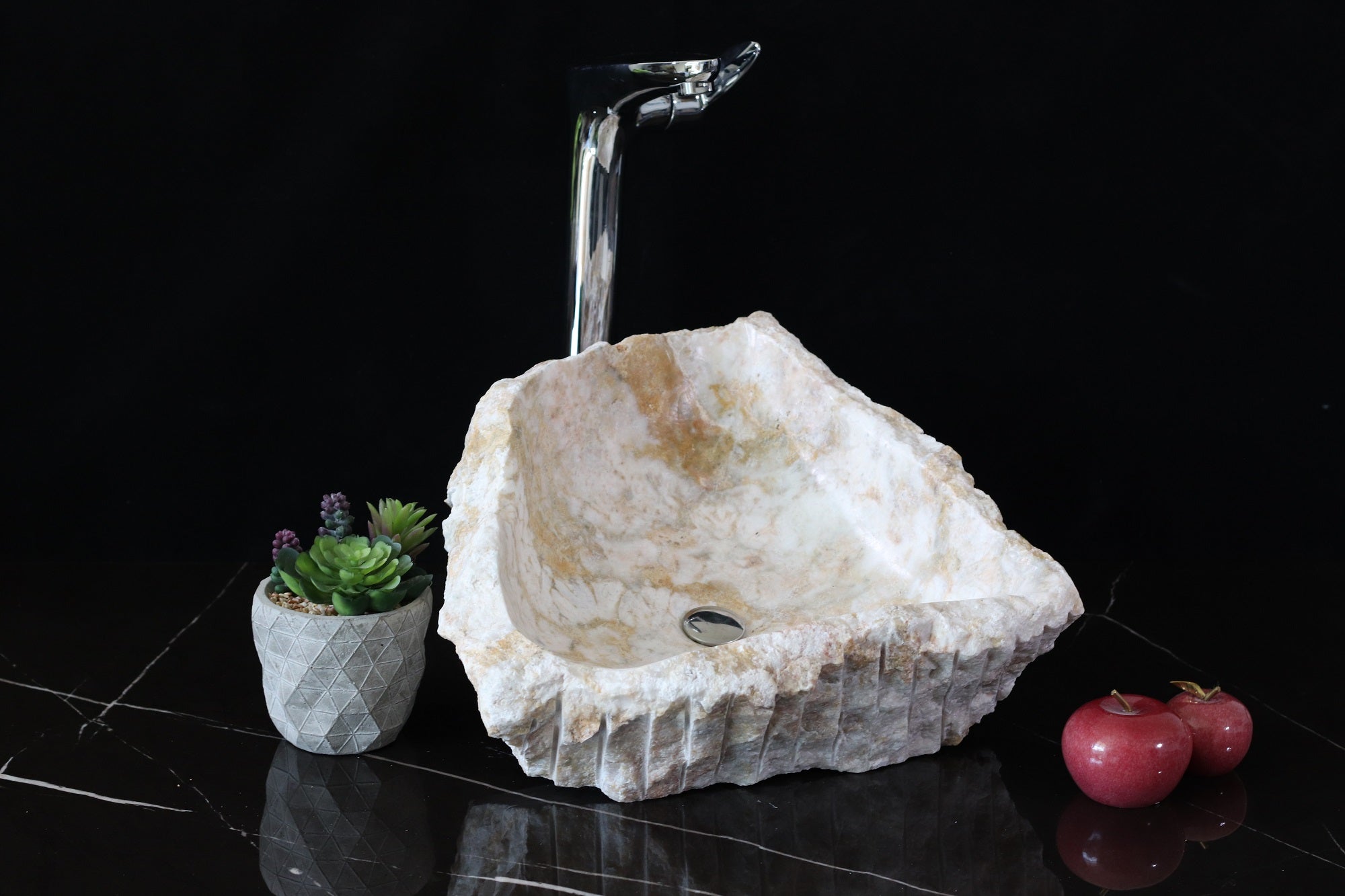 White and Cream Onyx Vessel Sink. A beautiful work of art. We offer fast shipping. Handmade in Mexico. We hand finish, package, and ship from the USA. Buy now at www.felipeandgrace.com.