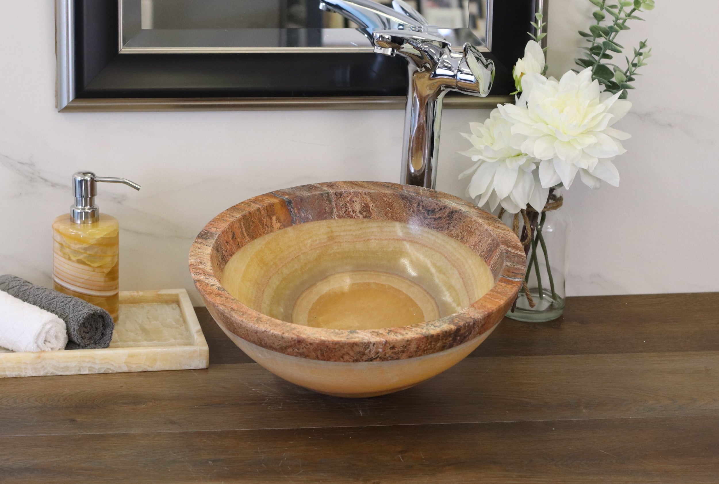 Onyx and Travertine Stone Vessel Sink - Round Bathroom Sinks Onyx Sinks Sinks Travertine Sinks
