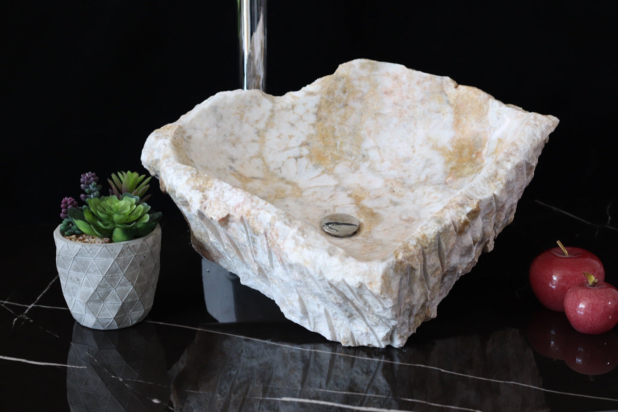 White and Cream Onyx Vessel Sink. A beautiful work of art. We offer fast shipping. Handmade in Mexico. We hand finish, package, and ship from the USA. Buy now at www.felipeandgrace.com.
