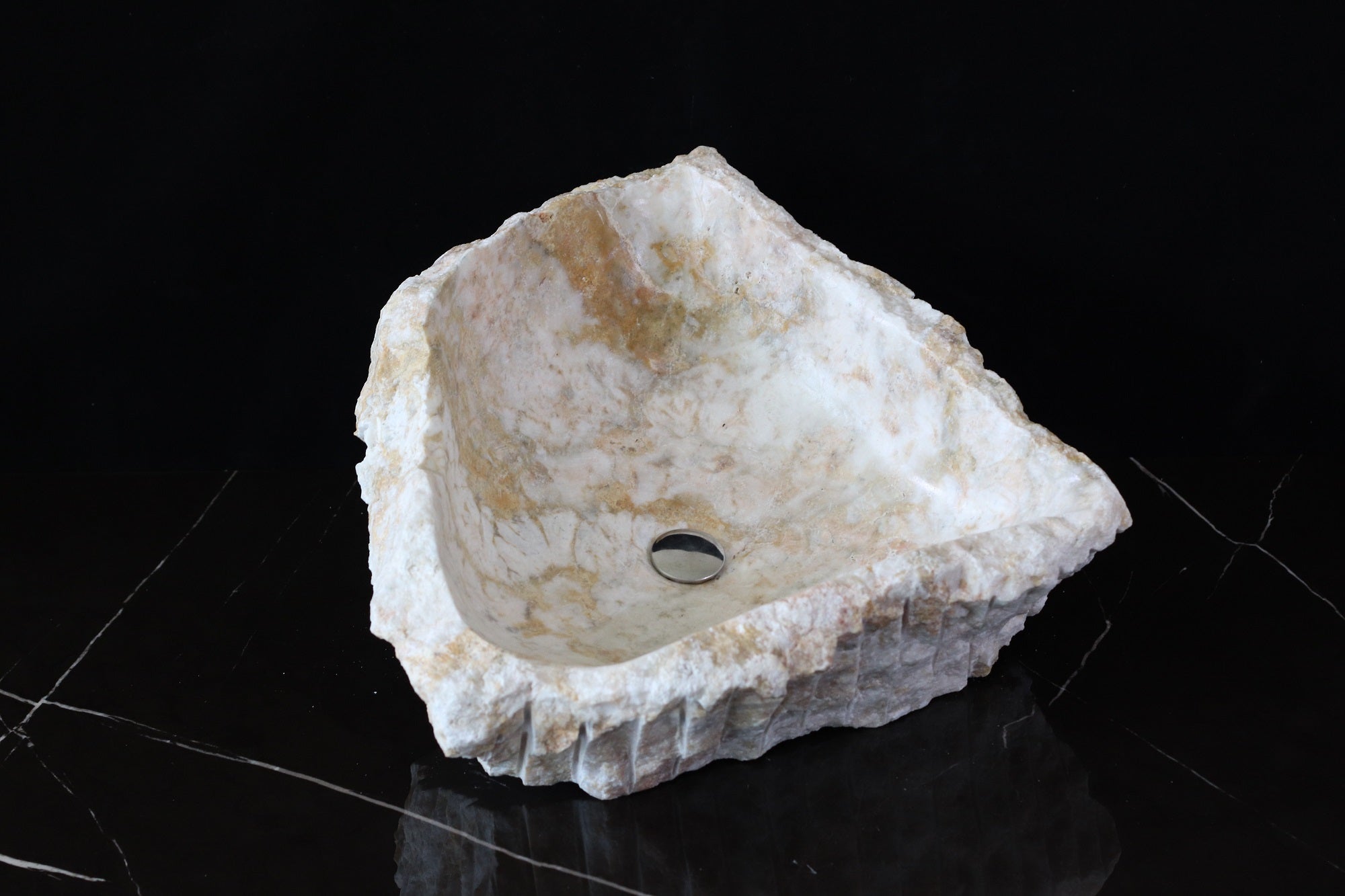 White and Cream Onyx Vessel Sink. A beautiful work of art. We offer fast shipping. Handmade in Mexico. We hand finish, package, and ship from the USA. Buy now at www.felipeandgrace.com.