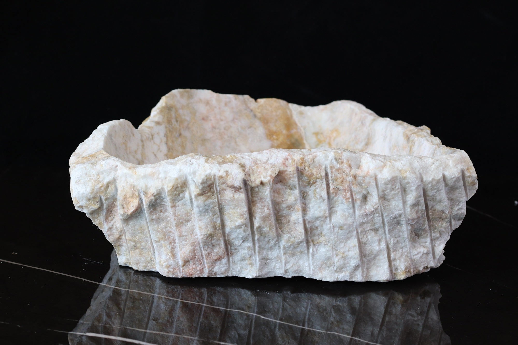 White and Cream Onyx Vessel Sink. A beautiful work of art. We offer fast shipping. Handmade in Mexico. We hand finish, package, and ship from the USA. Buy now at www.felipeandgrace.com.