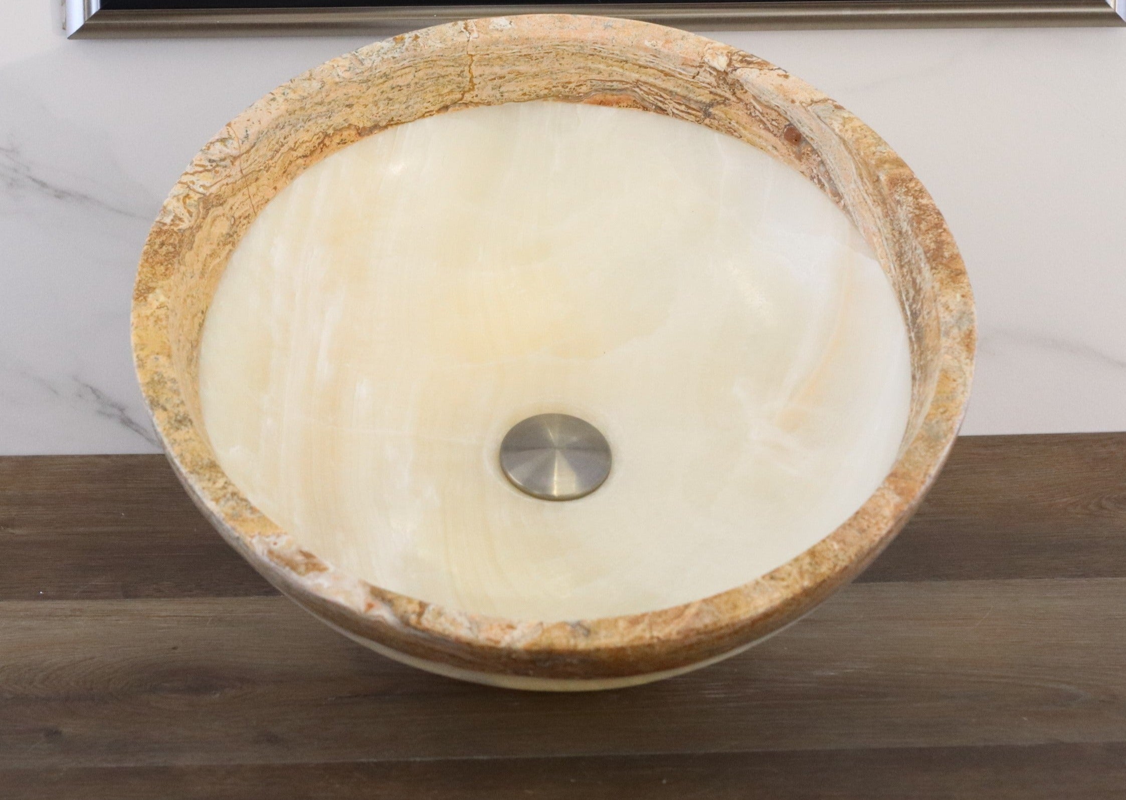 Onyx and Travertine Stone Vessel Sink (Round) Bathroom Sinks above counter sink above counter sinks Artistic Handmade Bathroom Décor cream brown rim cream brown trending luxury hand wash basin Home design trends luxury bathroom marble onyx sink modern contemporary natural stone sink plumbing Plumbing fixture plumbing fixtures polished above counter shabby chic Tan Brown Beige Travertine Stone vessel bowl basin vessel stone rustic