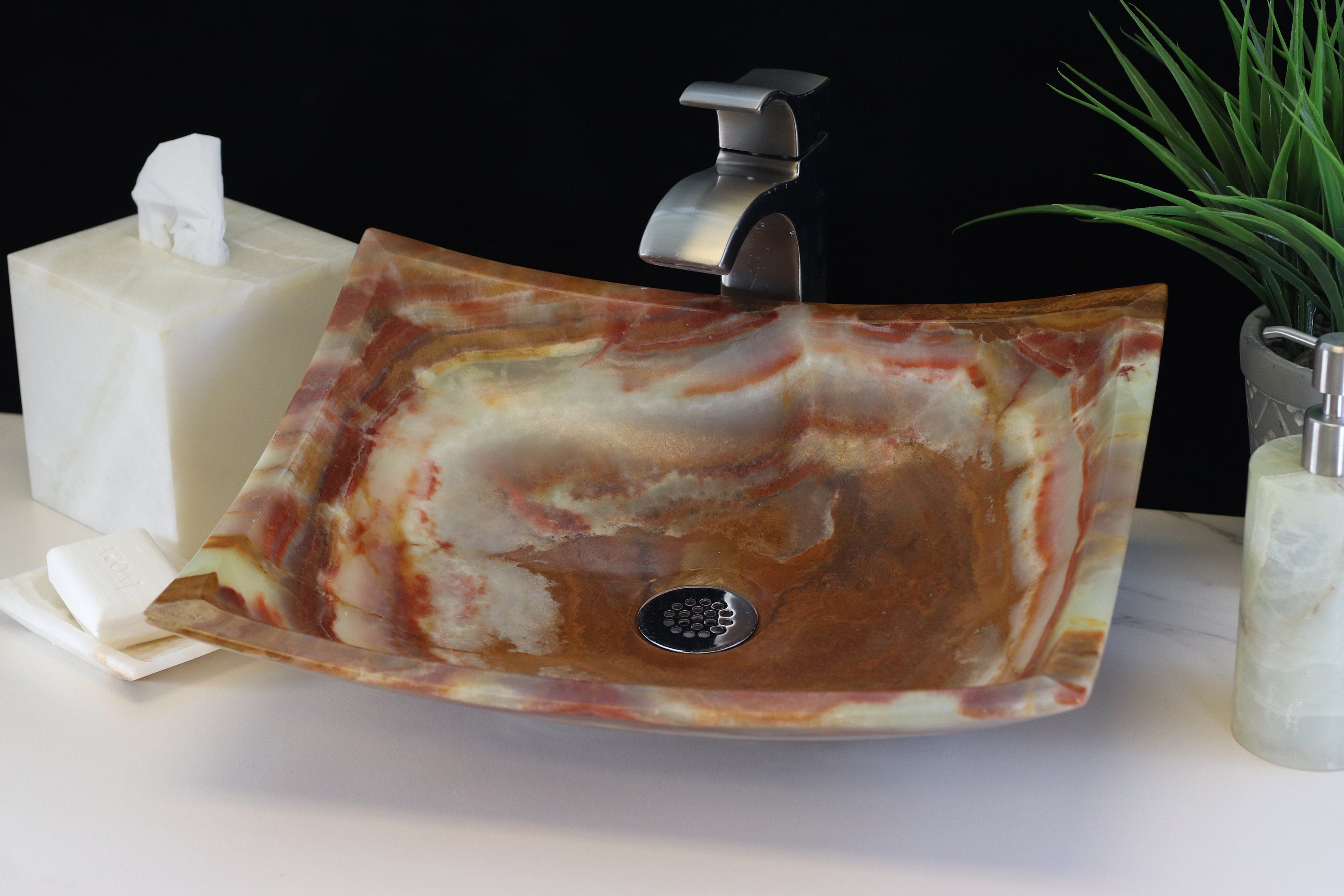 Green Onyx Vessel Bathroom Sink - Rectangle Onyx Sinks Onyx Sinks Sinks