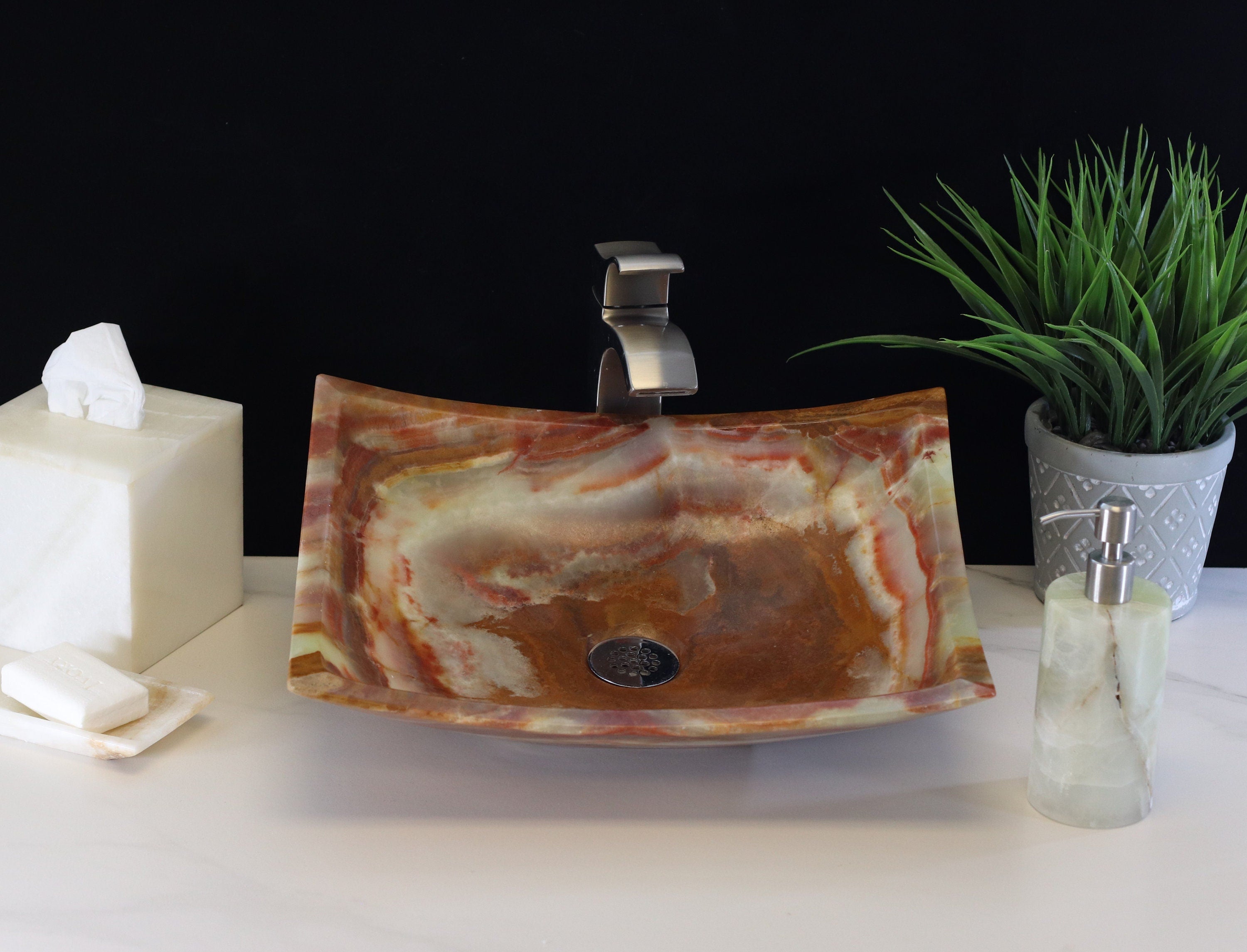 Green Onyx Vessel Bathroom Sink - Rectangle Onyx Sinks Onyx Sinks Sinks
