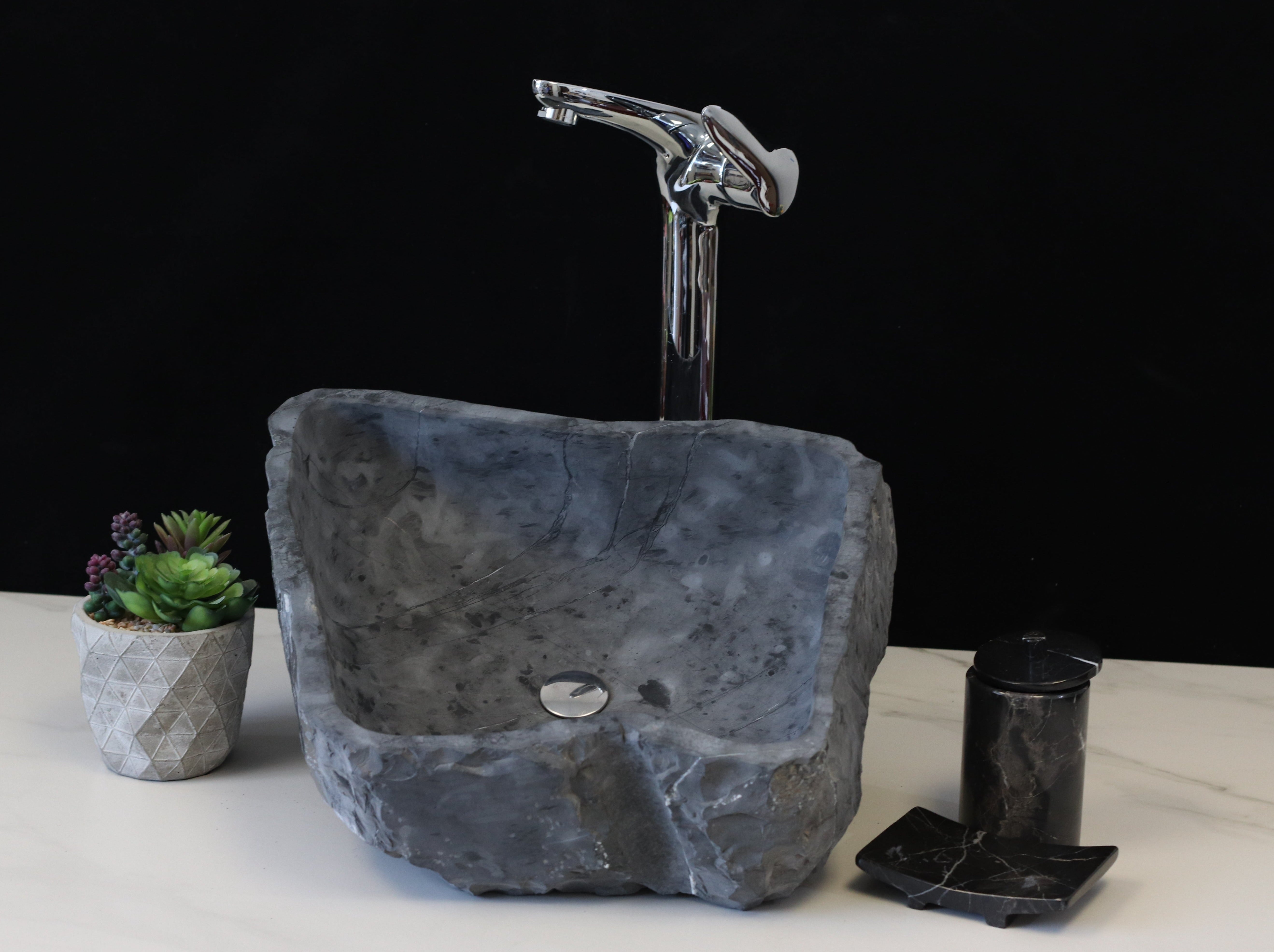 Black and Gray Onyx Stone  Bathroom Vessel Sink. Epoxy Sealant is available with fast shipping. Standard drain size. A beautiful work of rustic art. Handmade. Buy Now at www.felipeandgrace.com
