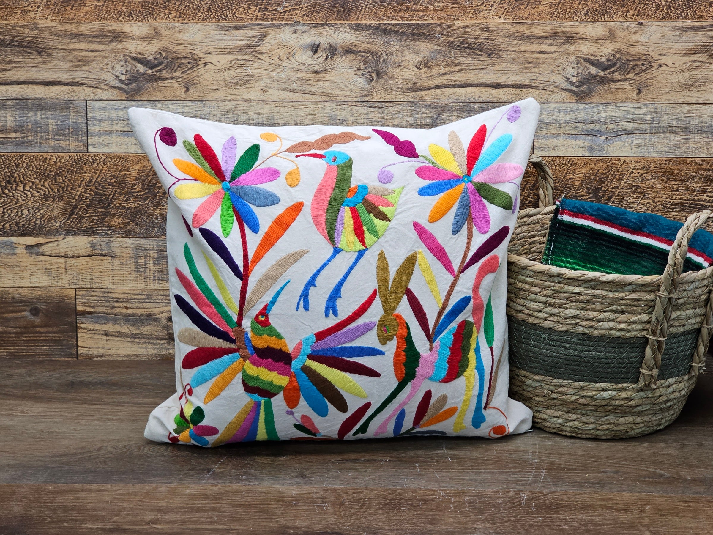 Otomi Tenango Pillow Cover Hand Embroidered with Birds, Flowers, and Animals in Vibrant Colors. Handmade in Mexico. Ships from the USA. Buy now at www.felipeandgrace.com. 