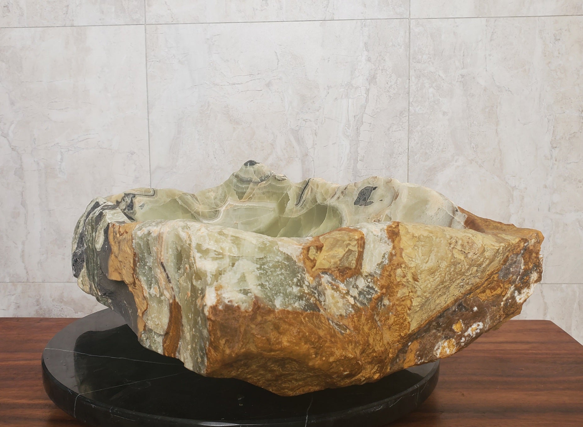 Green Brown Tan and White Onyx Stone Vessel Bathroom Sink. Above Counter Sink. Handmade in Mexico. Ships from the USA. Buy now at www.felipeandgrace.com. 