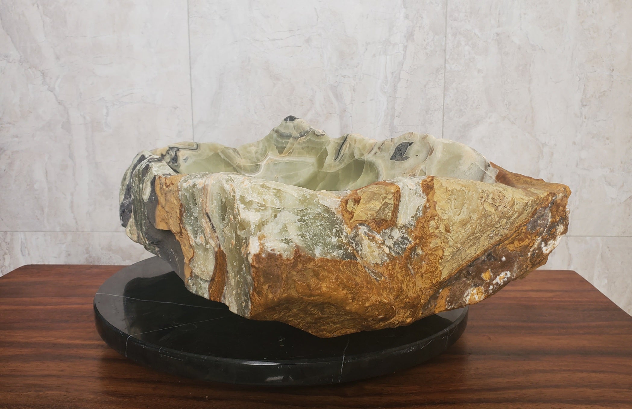 Green Brown Tan and White Onyx Stone Vessel Bathroom Sink. Above Counter Sink. Handmade in Mexico. Ships from the USA. Buy now at www.felipeandgrace.com. 