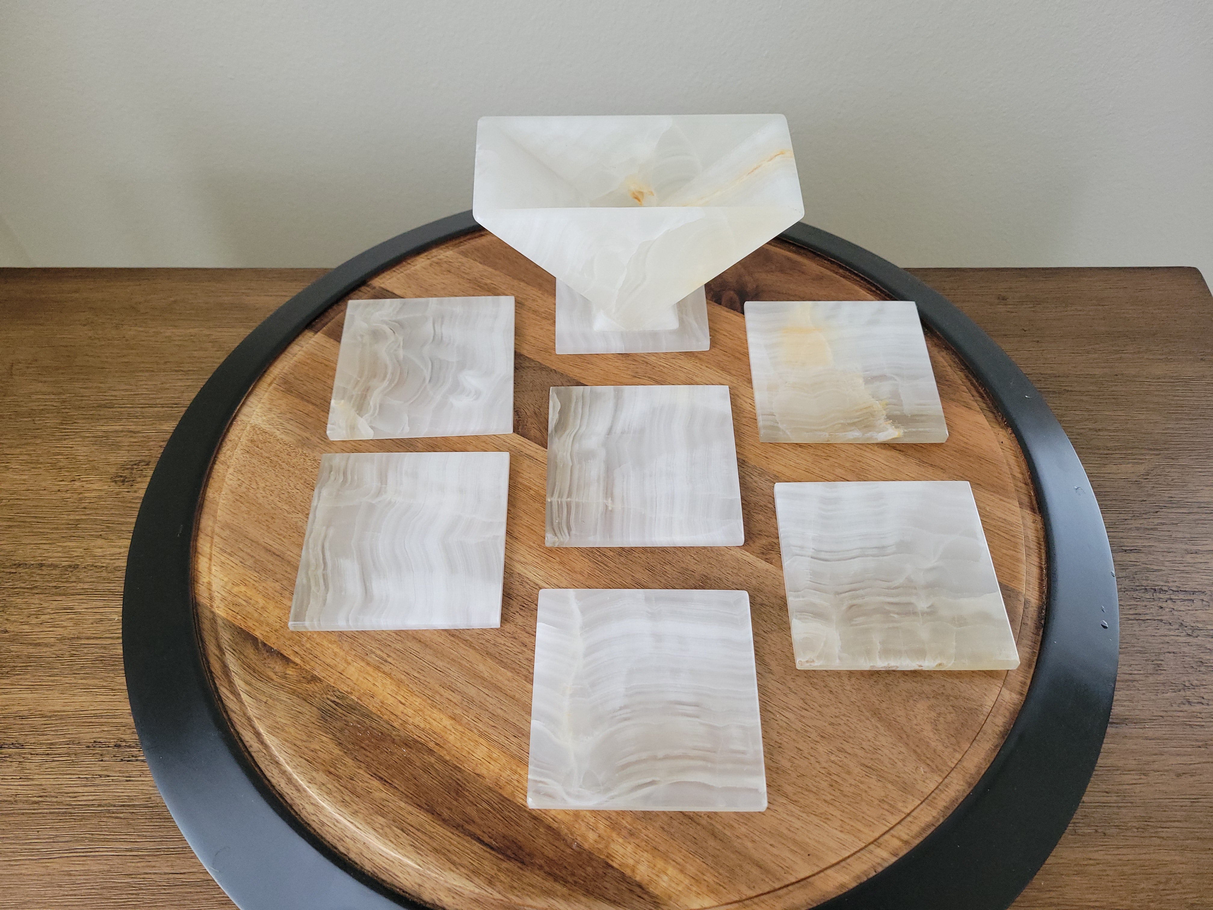 CT_11 White Onyx Square Coasters, Stone Set of 6 with Holder