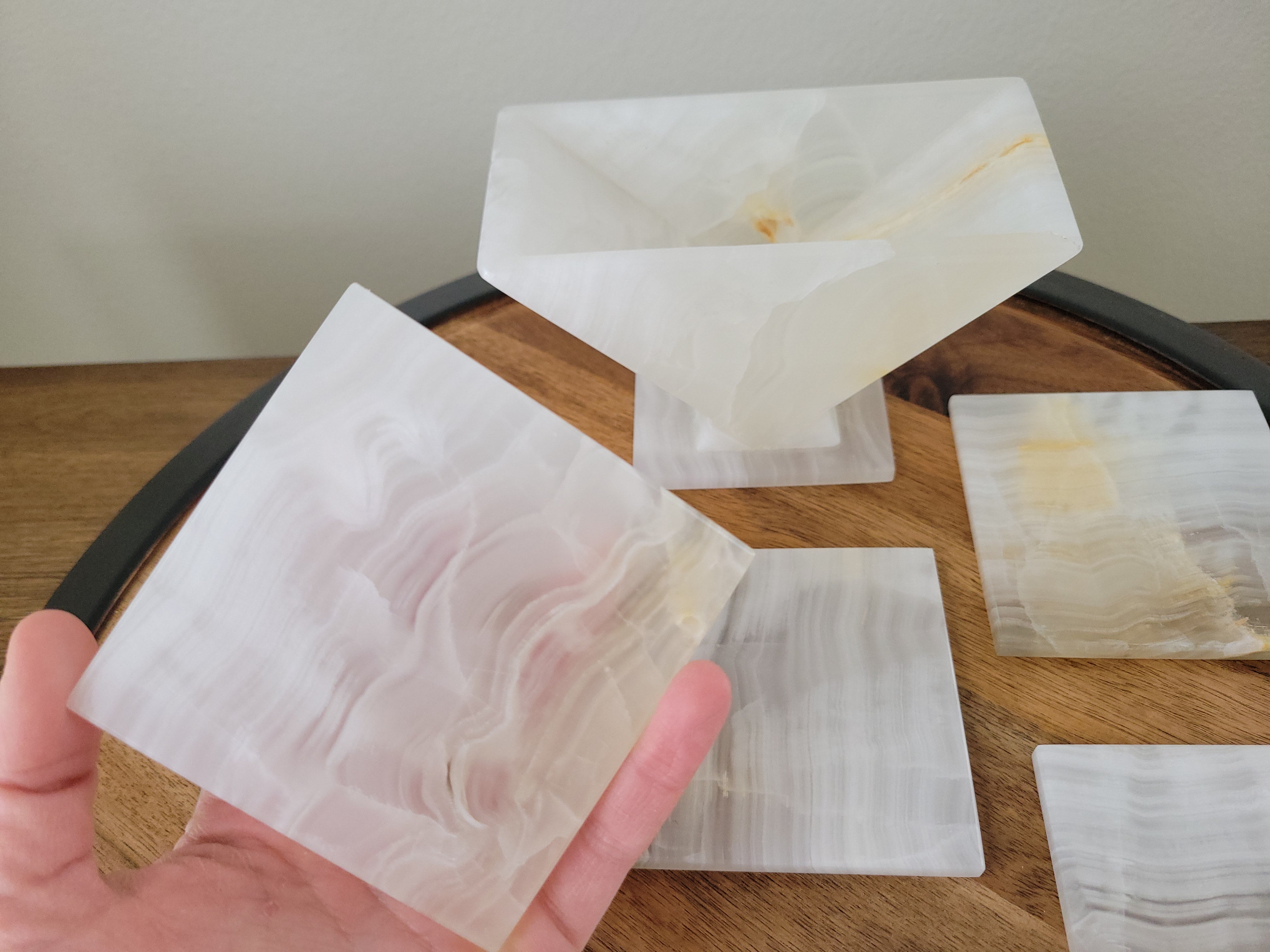 CT_11 White Onyx Square Coasters, Stone Set of 6 with Holder