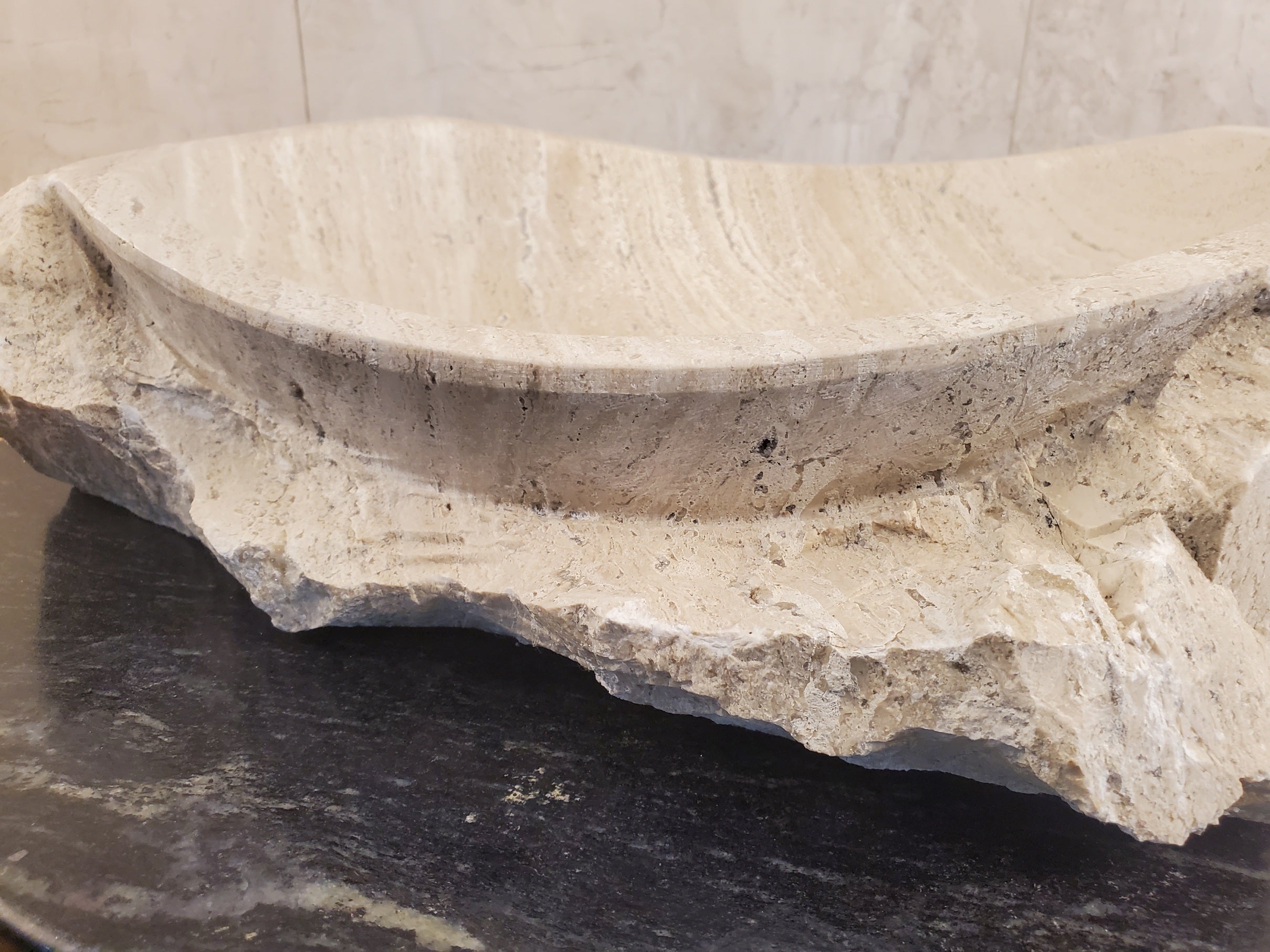 S24_04 Oval Travertine Chiseled Vessel Bathroom Sink