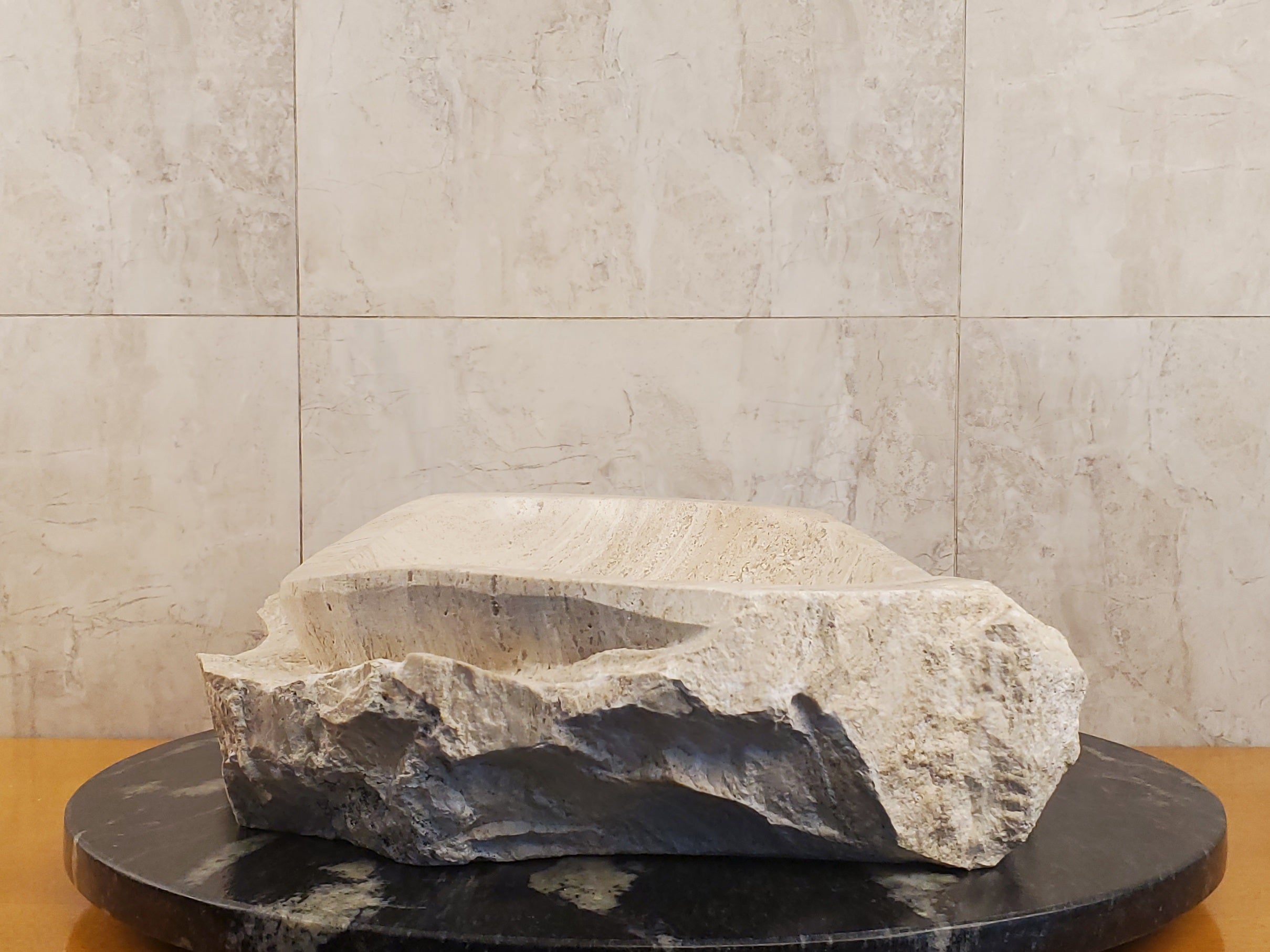 S24_04 Oval Travertine Chiseled Vessel Bathroom Sink