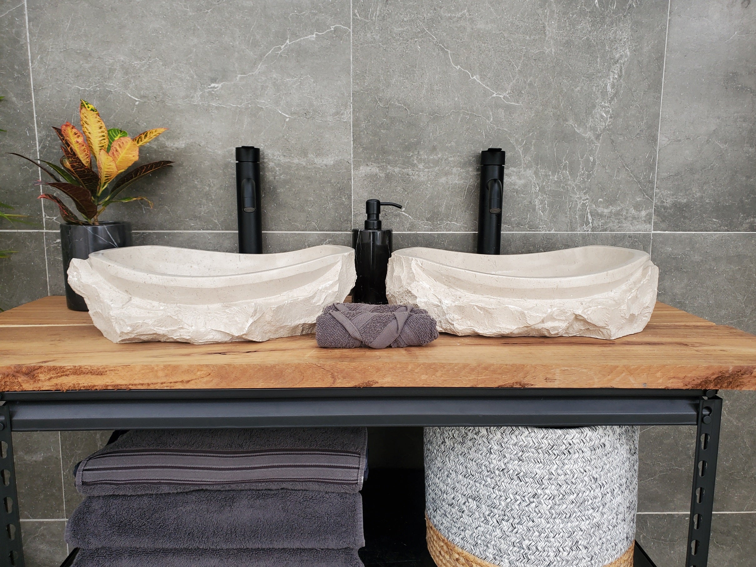 SET3201 Oval Travertine Limestone Vessel Sink Set