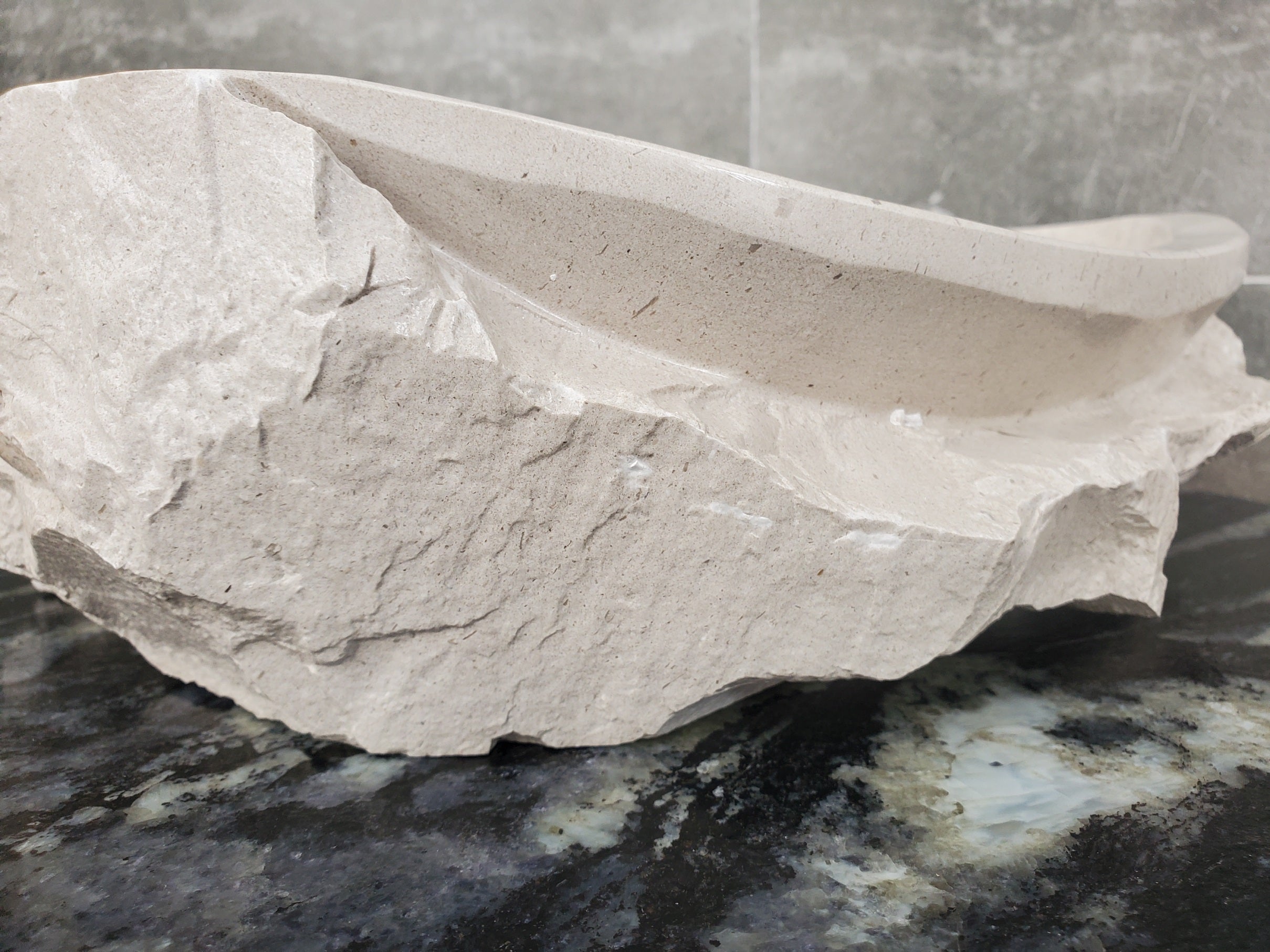 S32_01 Oval Travertine Chiseled Vessel Bathroom Sink