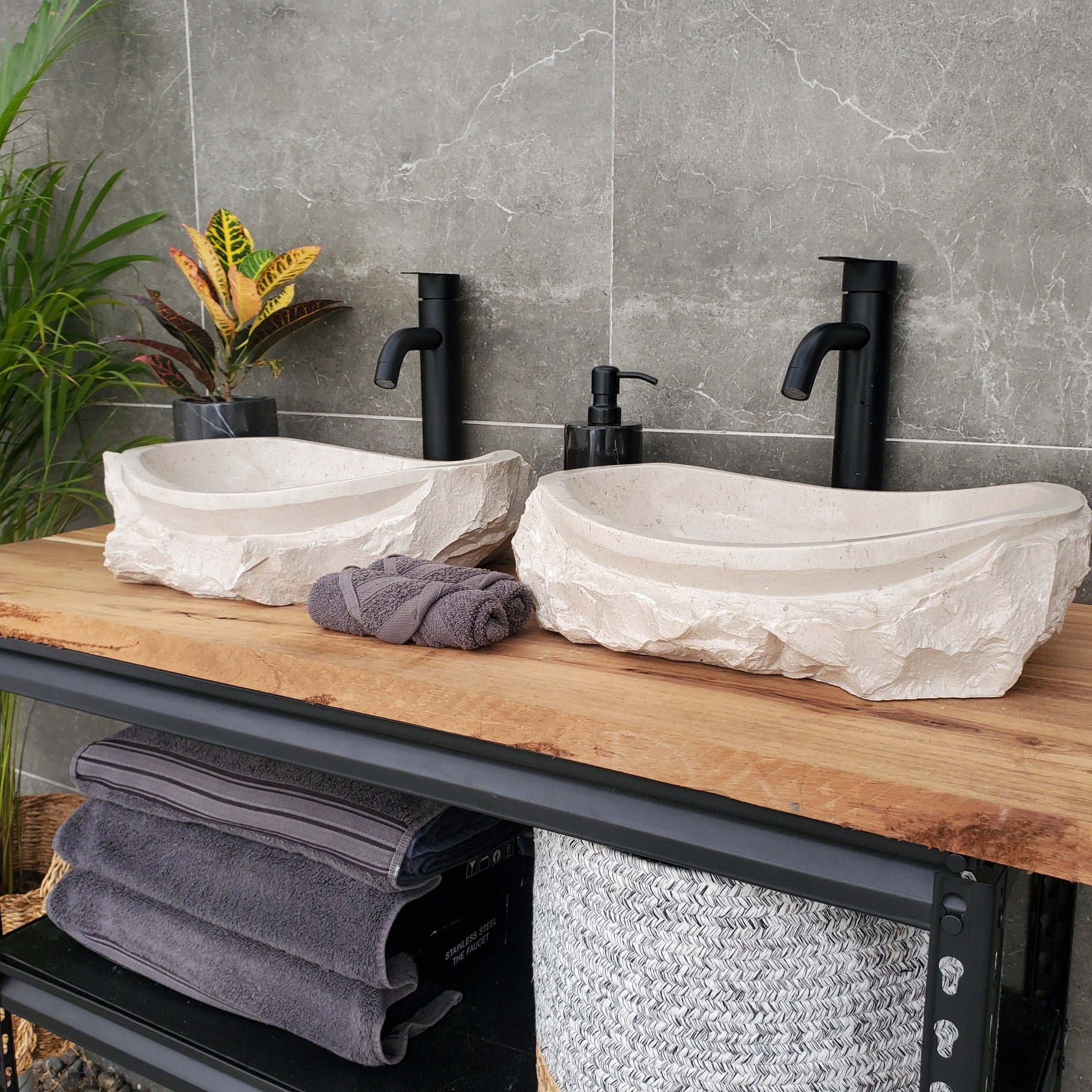 SET3201 Oval Travertine Limestone Vessel Sink Set