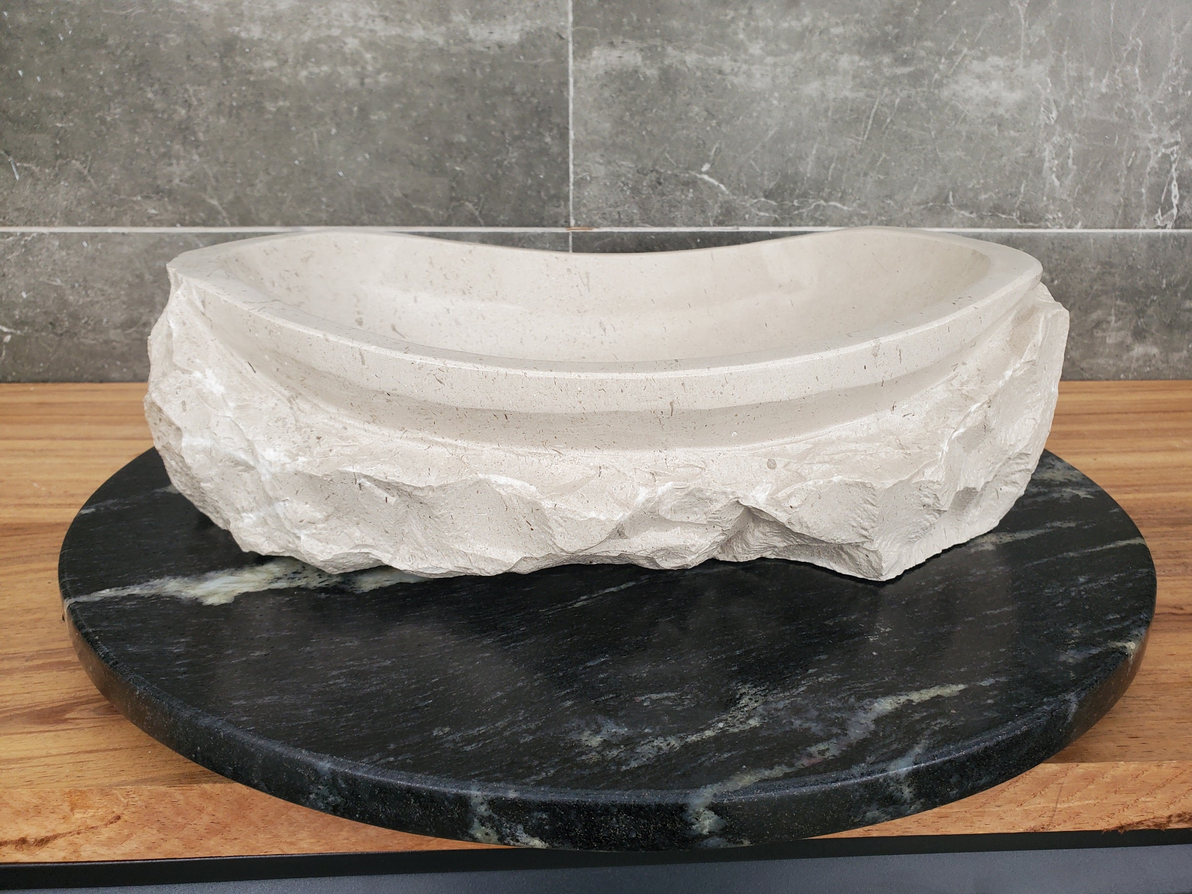 S32_01 Oval Travertine Chiseled Vessel Bathroom Sink - 16 x 12 inch