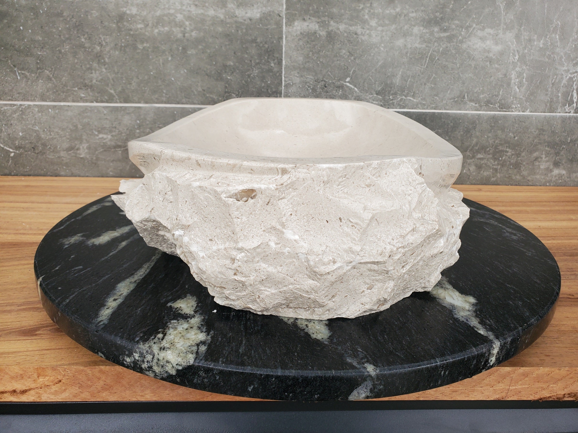 S32_01 Oval Travertine Chiseled Vessel Bathroom Sink