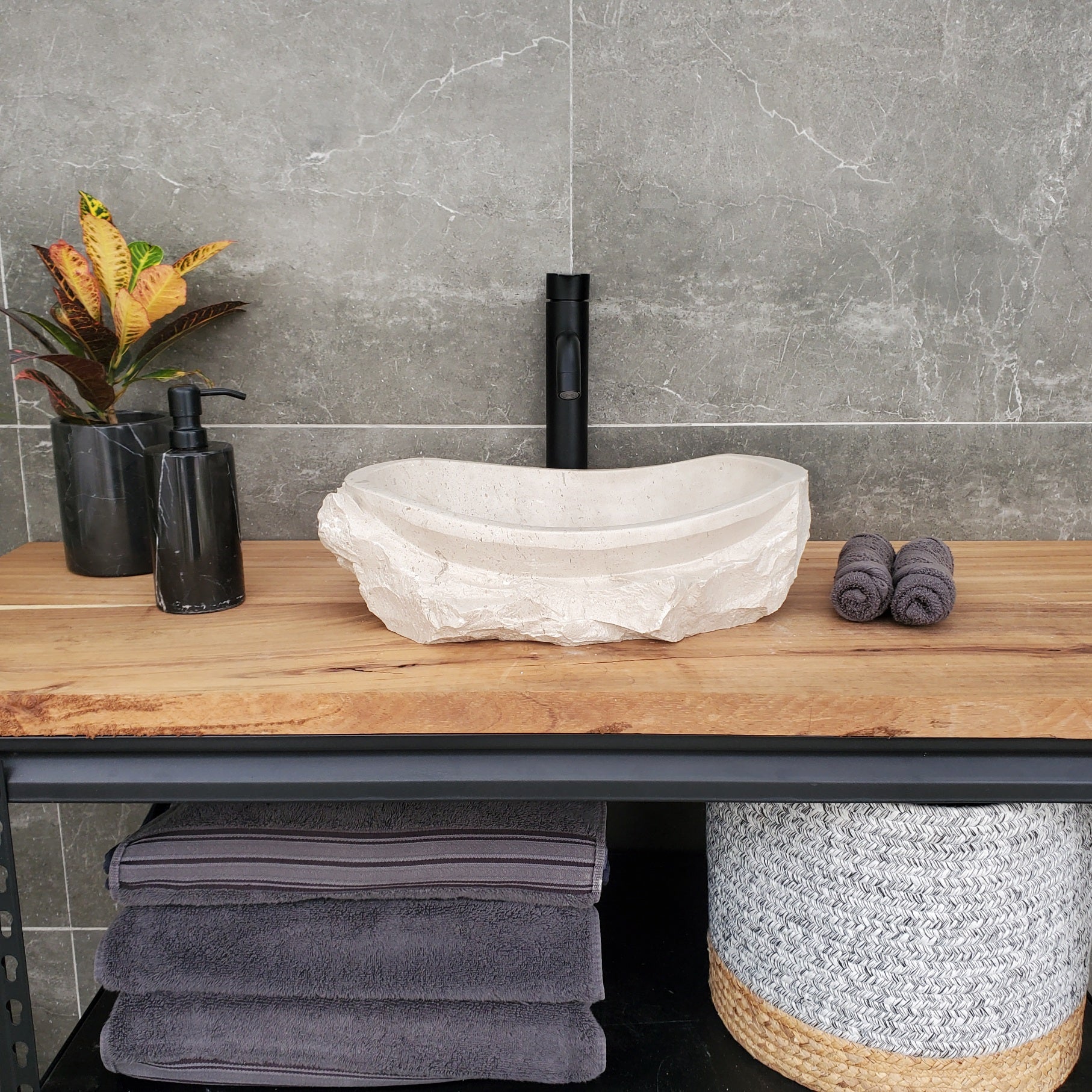 SET3201 Oval Travertine Limestone Vessel Sink Set