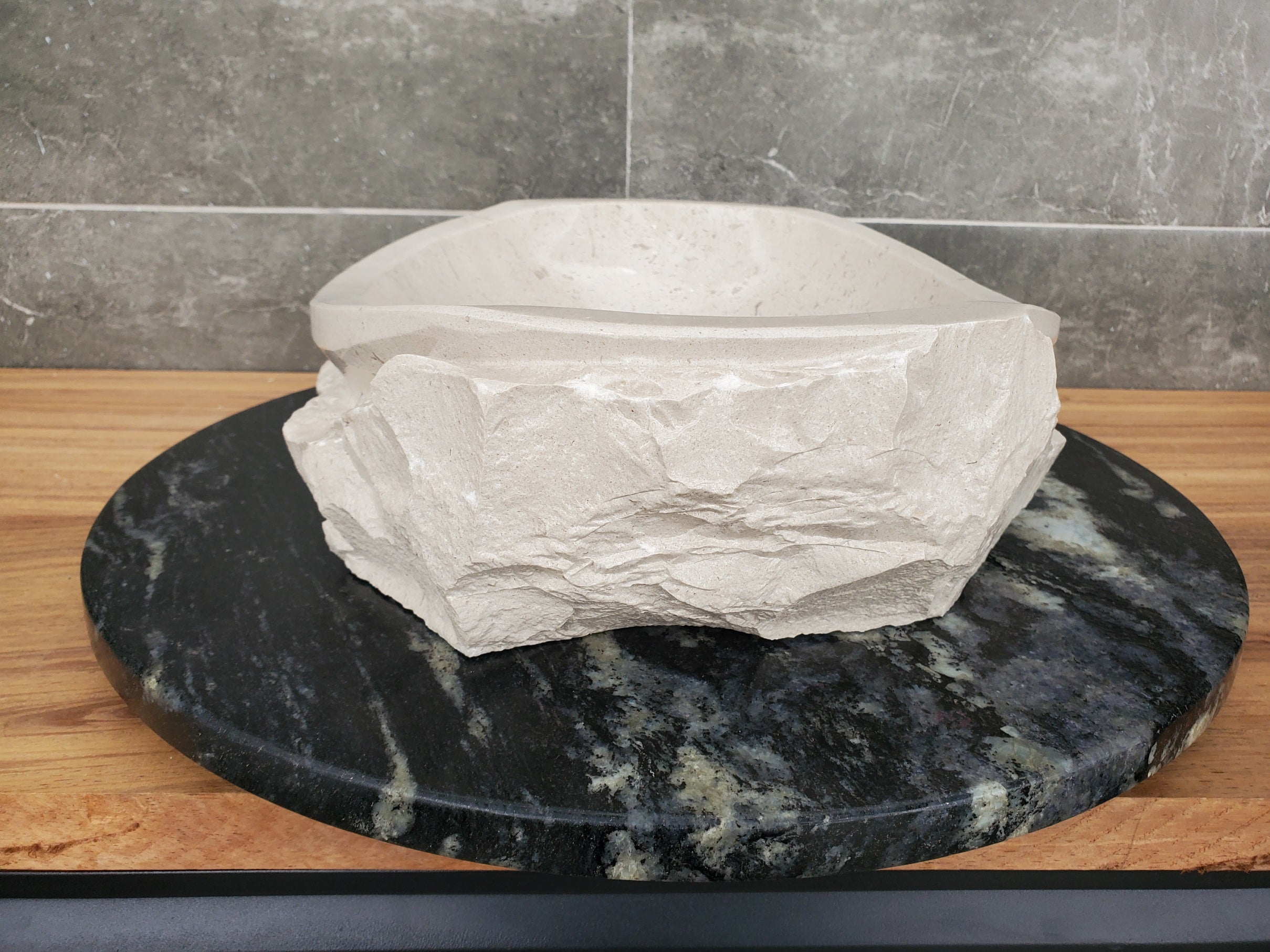 S32_01 Oval Travertine Chiseled Vessel Bathroom Sink - 16 x 12 inch