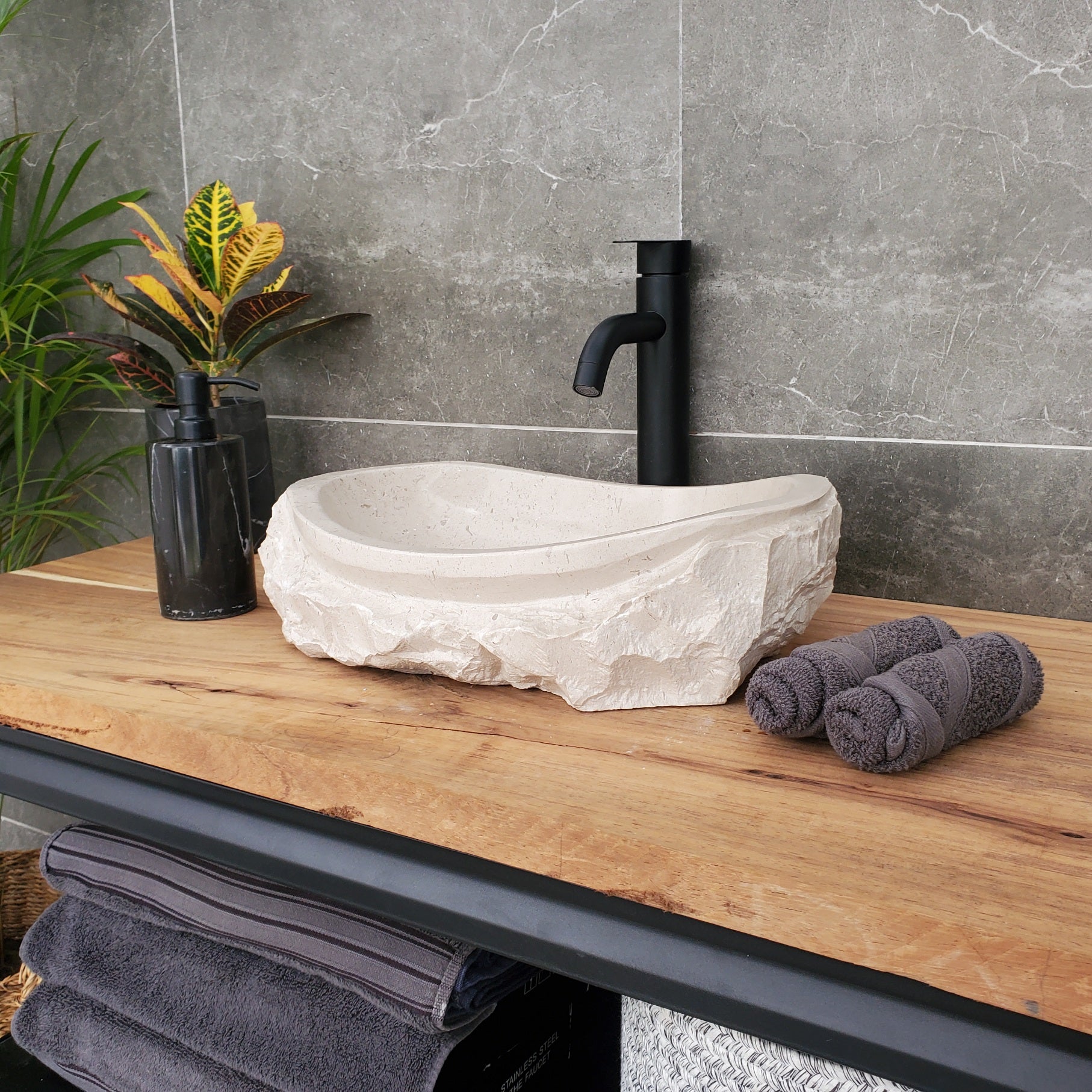 S32_01 Oval Travertine Chiseled Vessel Bathroom Sink