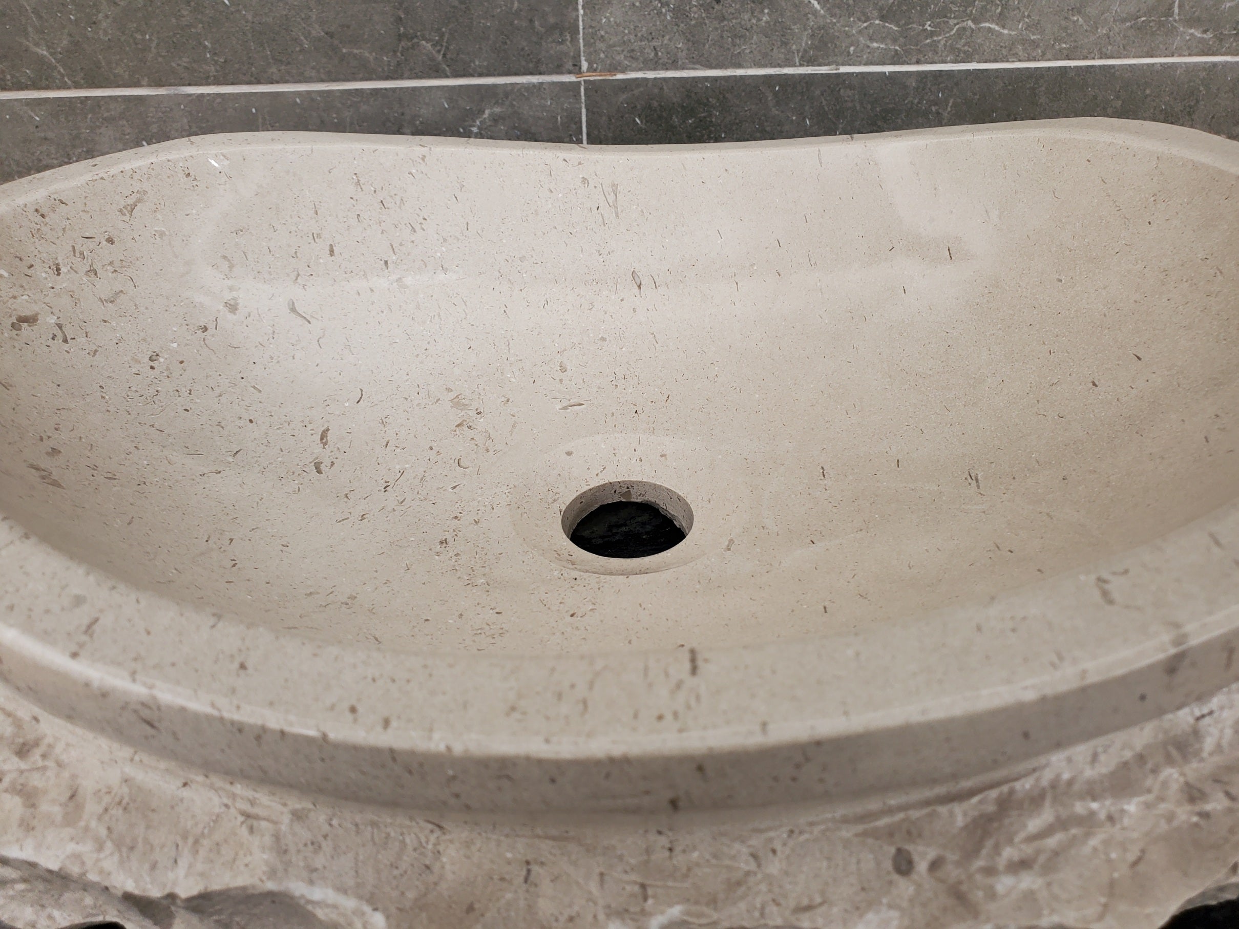 S32_01 Oval Travertine Chiseled Vessel Bathroom Sink - 16 x 12 inch