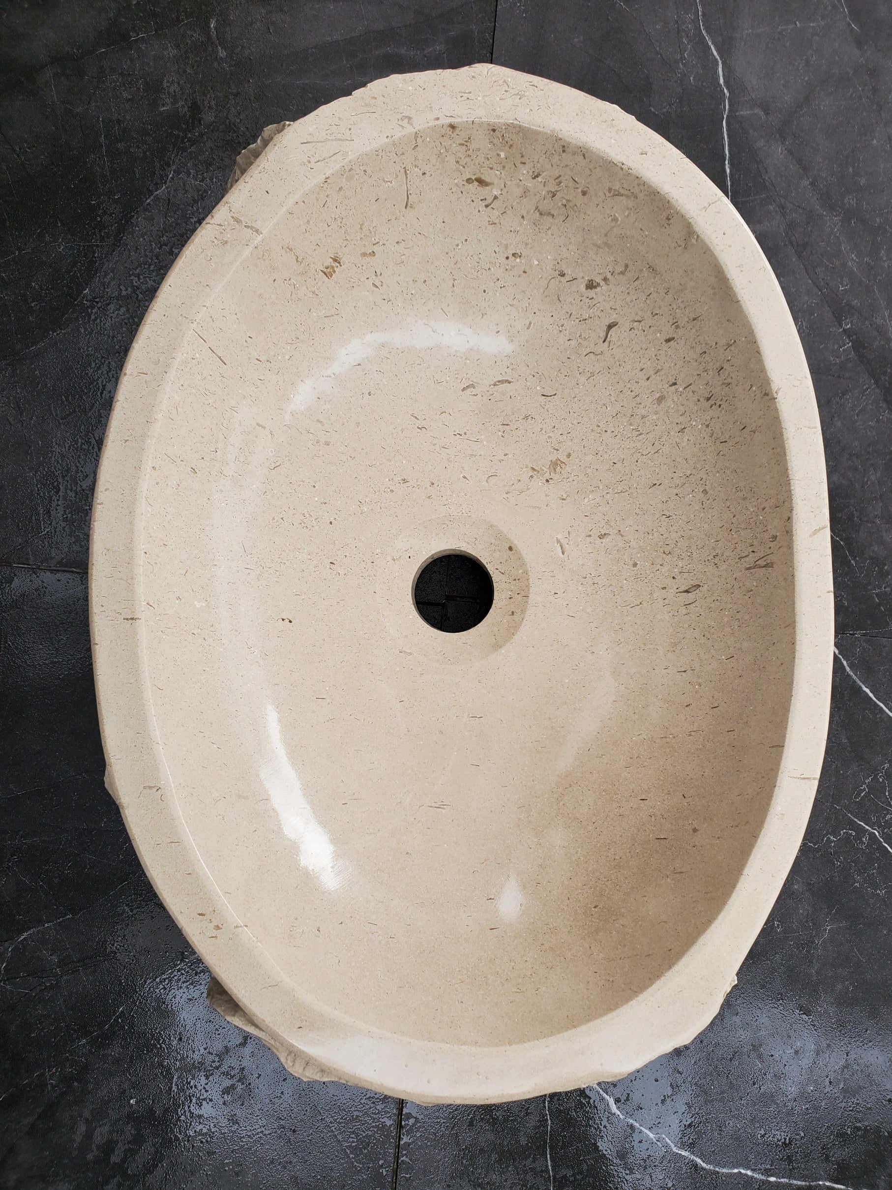 S32_01 Oval Travertine Chiseled Vessel Bathroom Sink - 16 x 12 inch