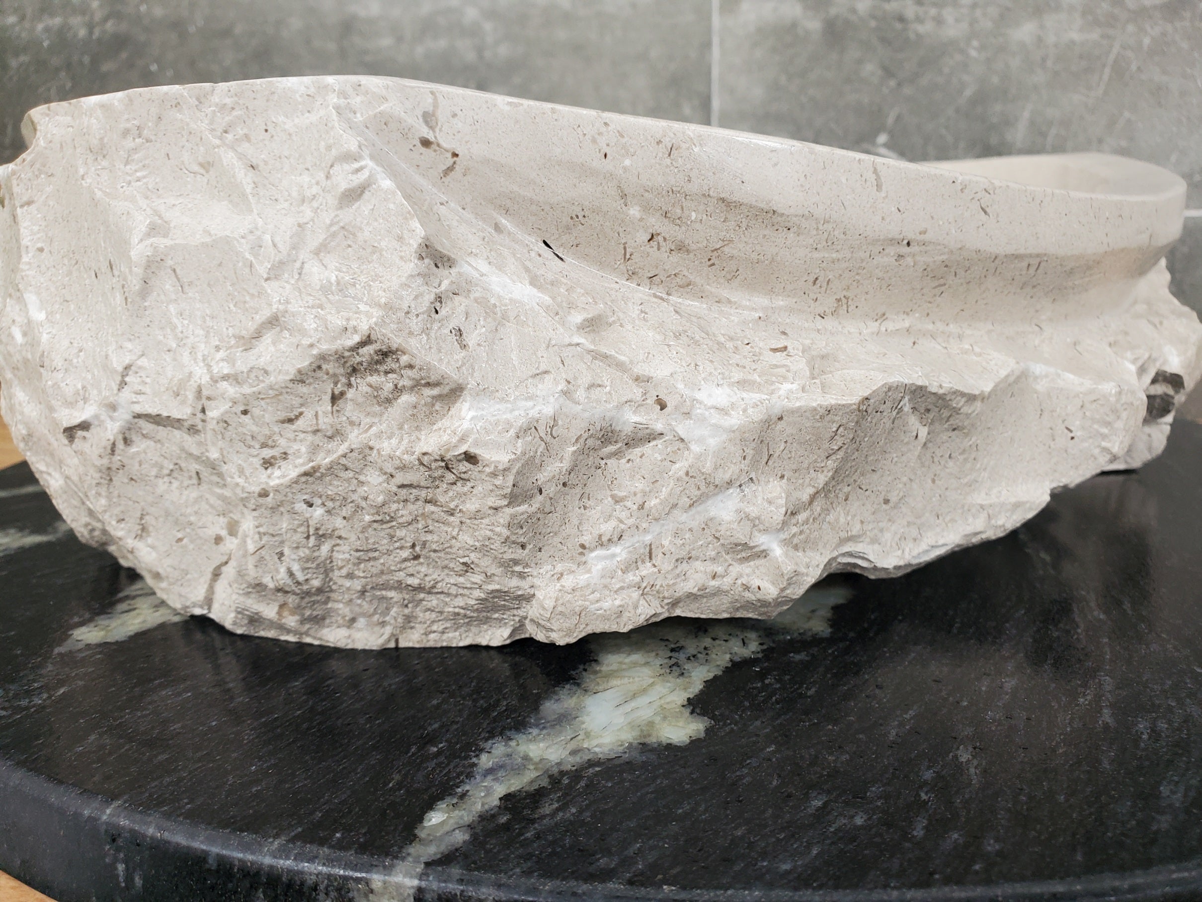 S32_01 Oval Travertine Chiseled Vessel Bathroom Sink