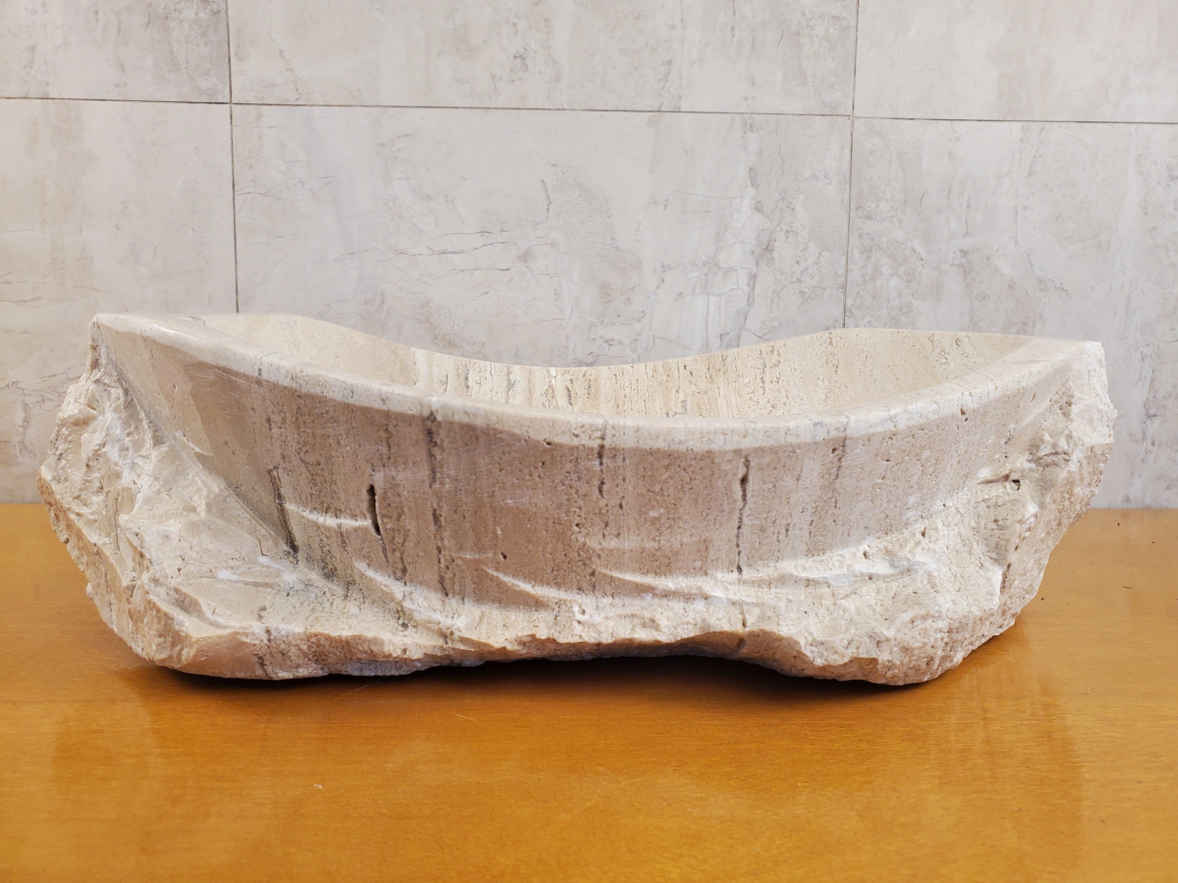 S24_05 Oval Travertine Chiseled Vessel Bathroom Sink - 16.5 x 13 inch