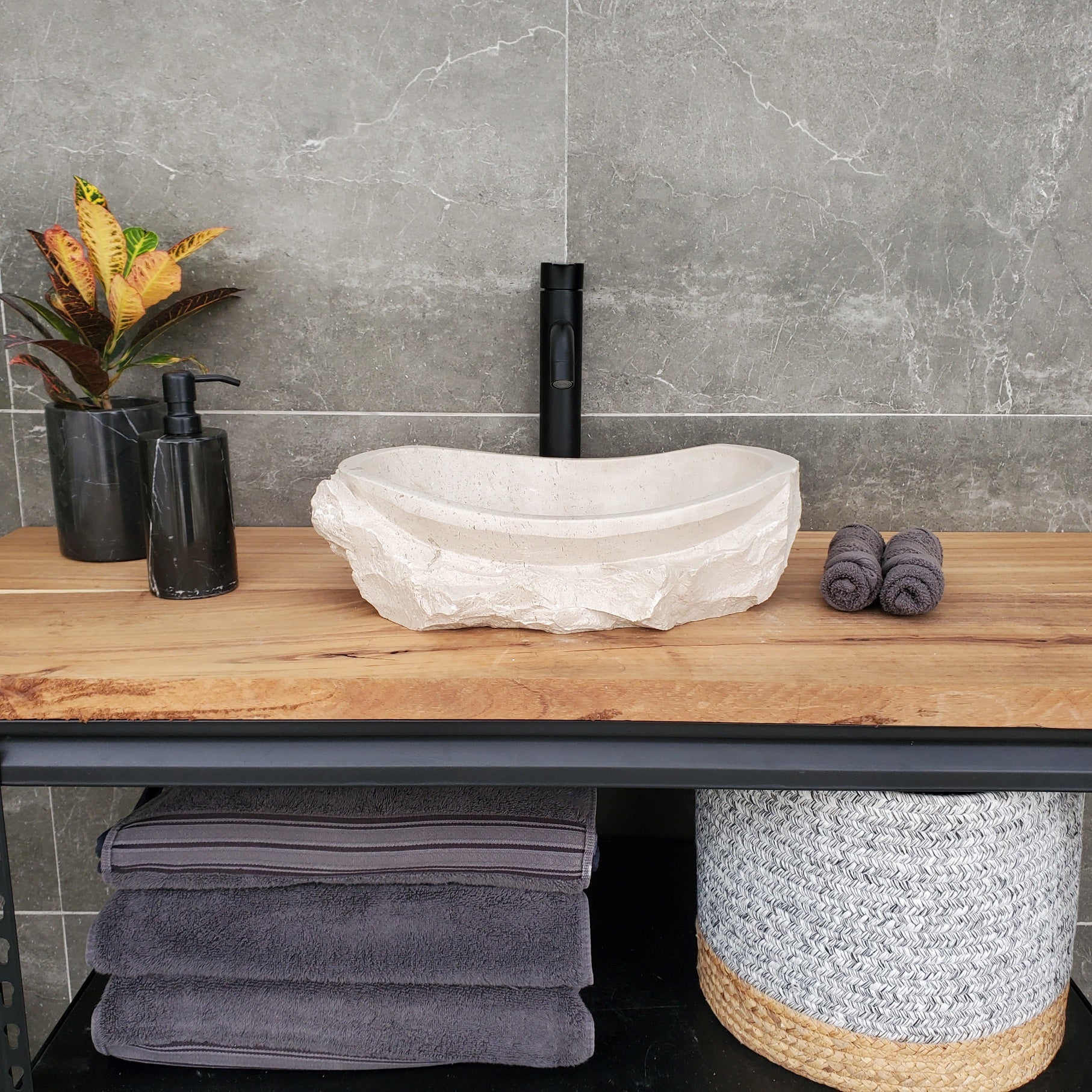 S32_02 Oval Travertine Chiseled Vessel Bathroom Sink