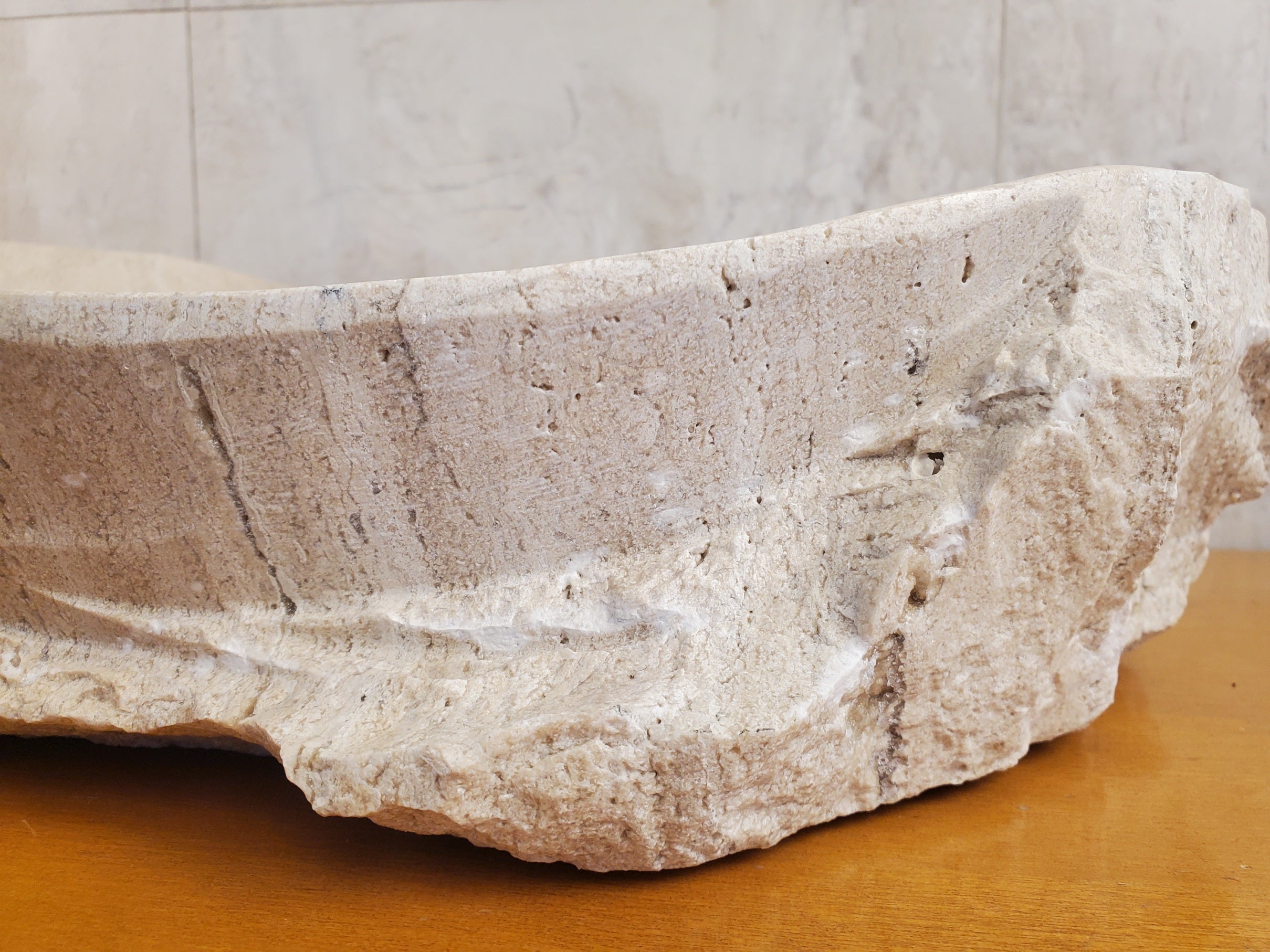 S24_05 Oval Travertine Chiseled Vessel Bathroom Sink - 16.5 x 13 inch