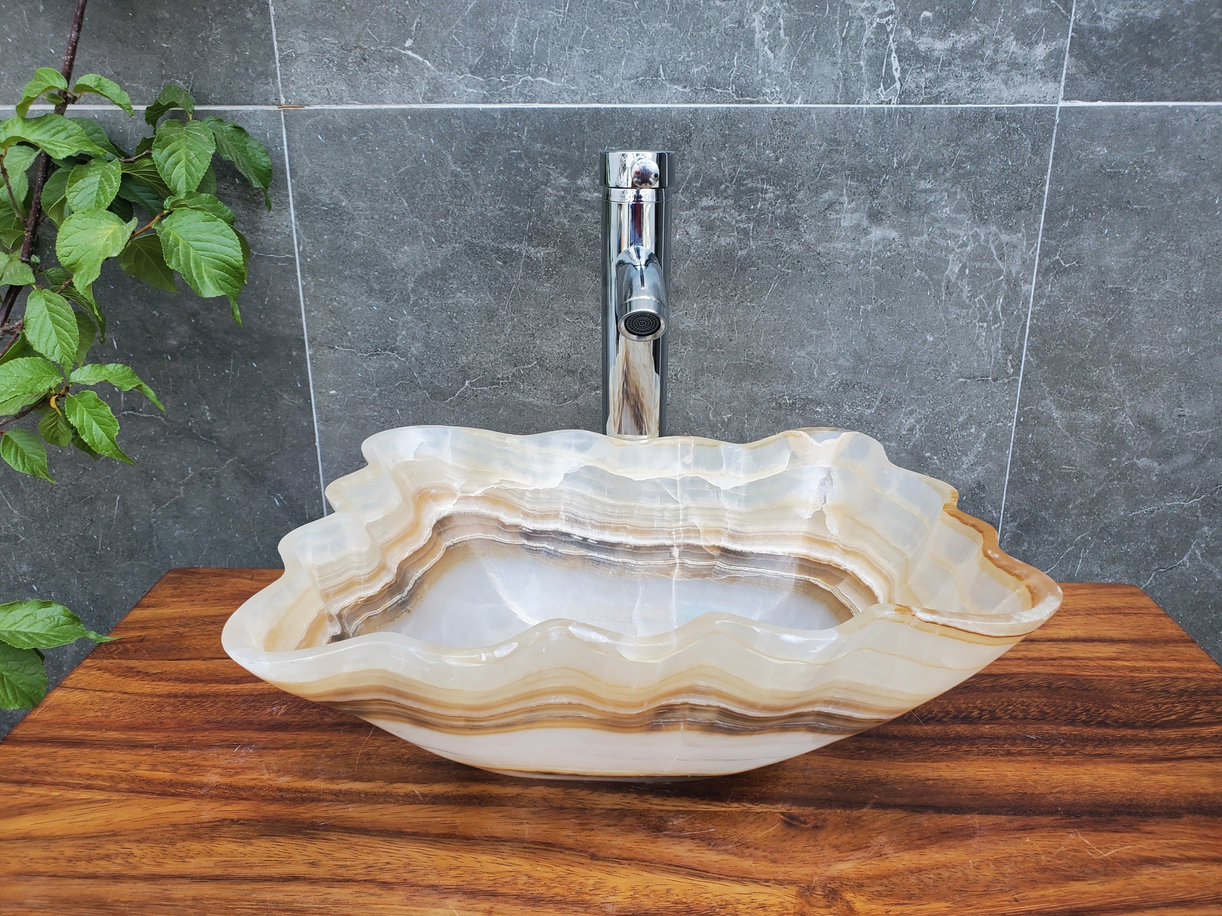 S22_11 White and Brown Onyx Bathroom Vessel Sink