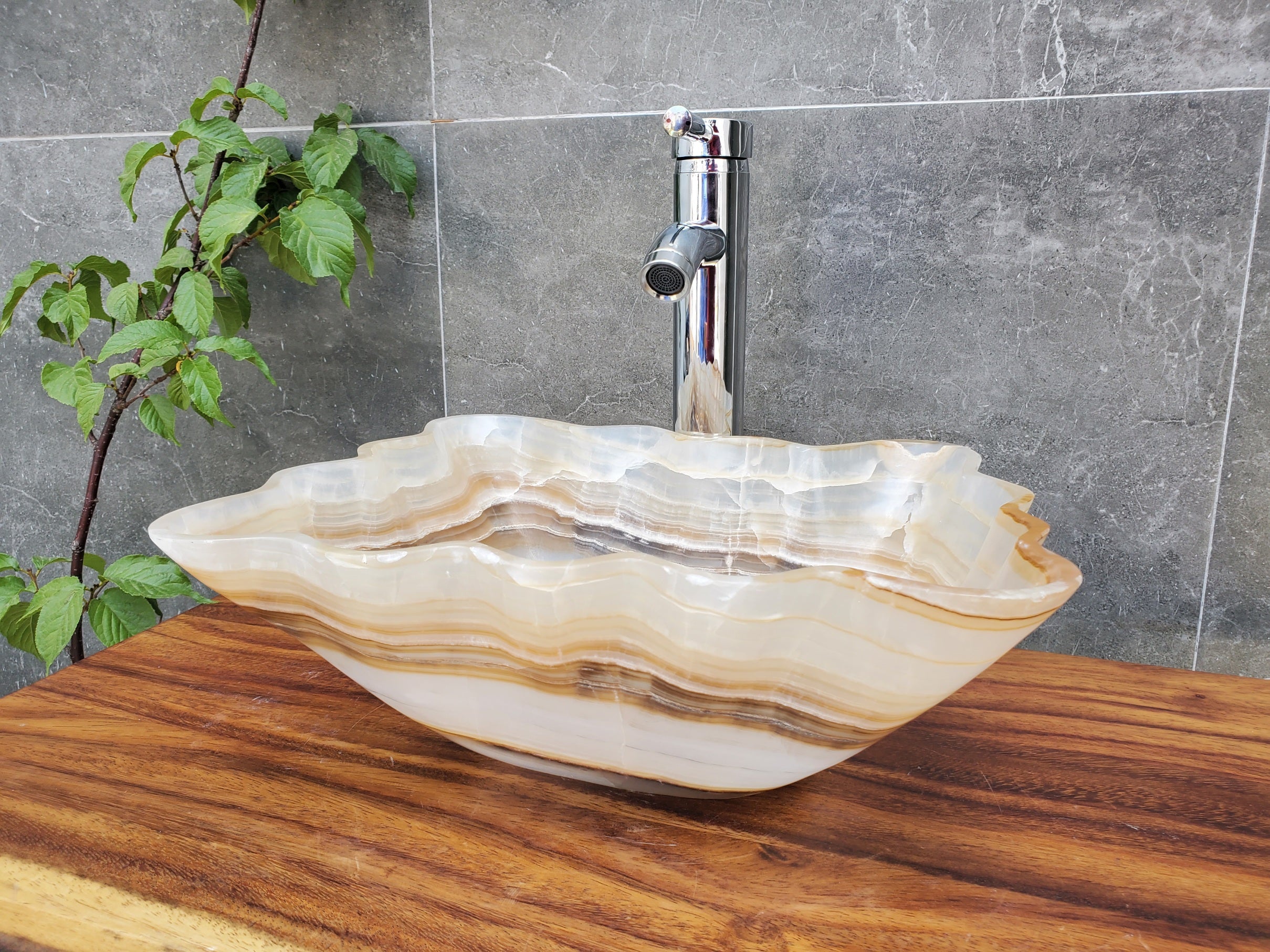 S22_11 White and Brown Onyx Bathroom Vessel Sink
