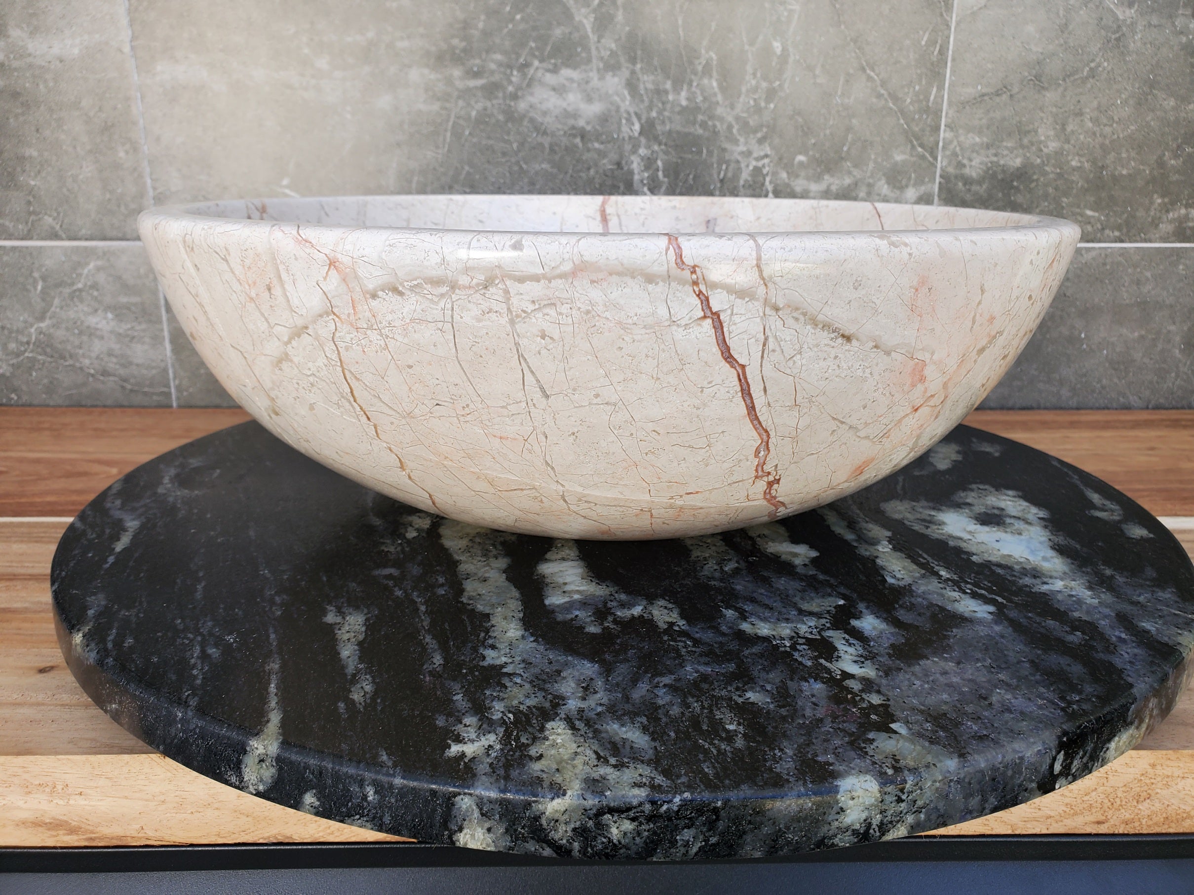 S28_28 Round Marble Stone Vessel Sink - 15.75 x 15.75 inch