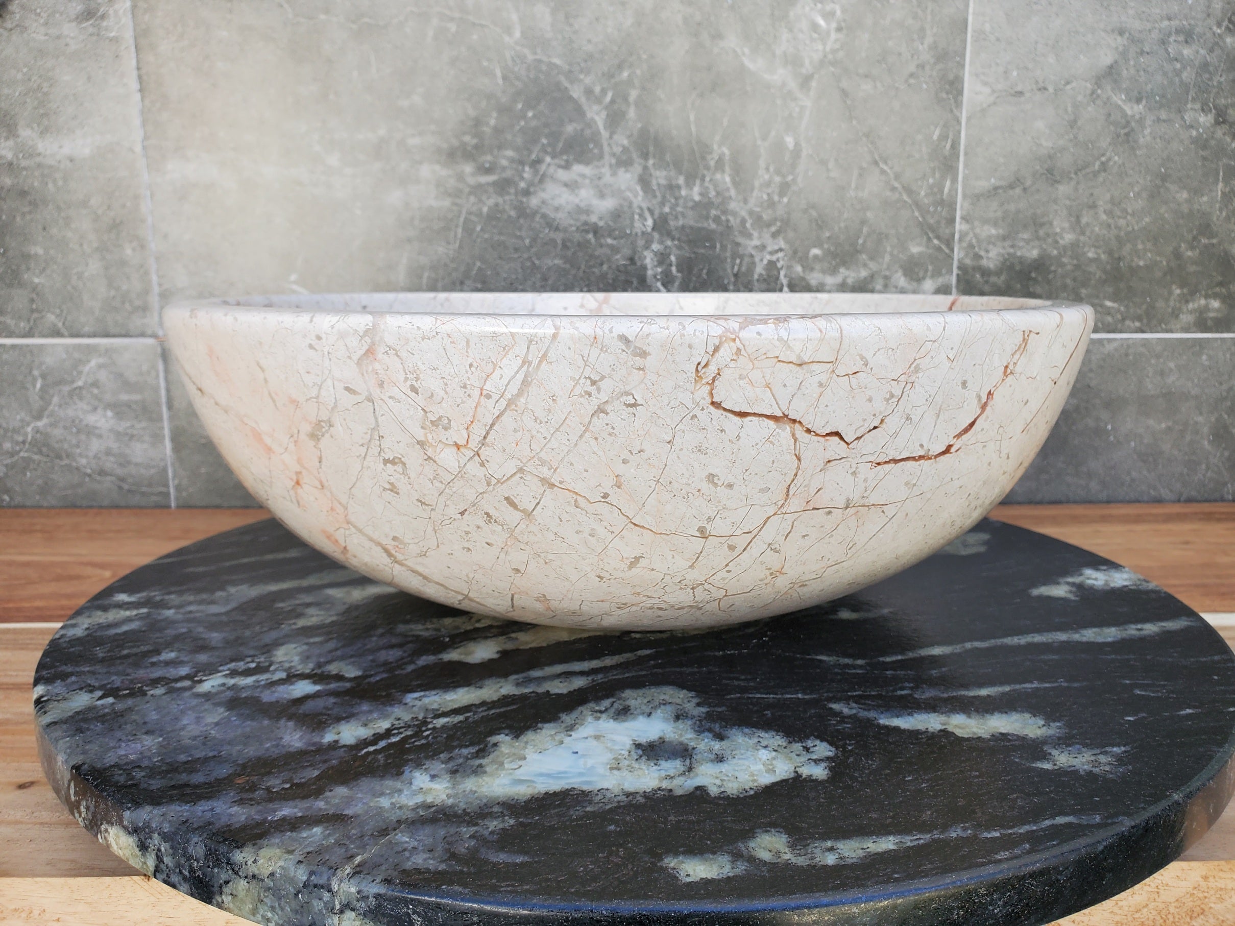 S28_28 Round Marble Stone Vessel Sink - 15.75 x 15.75 inch