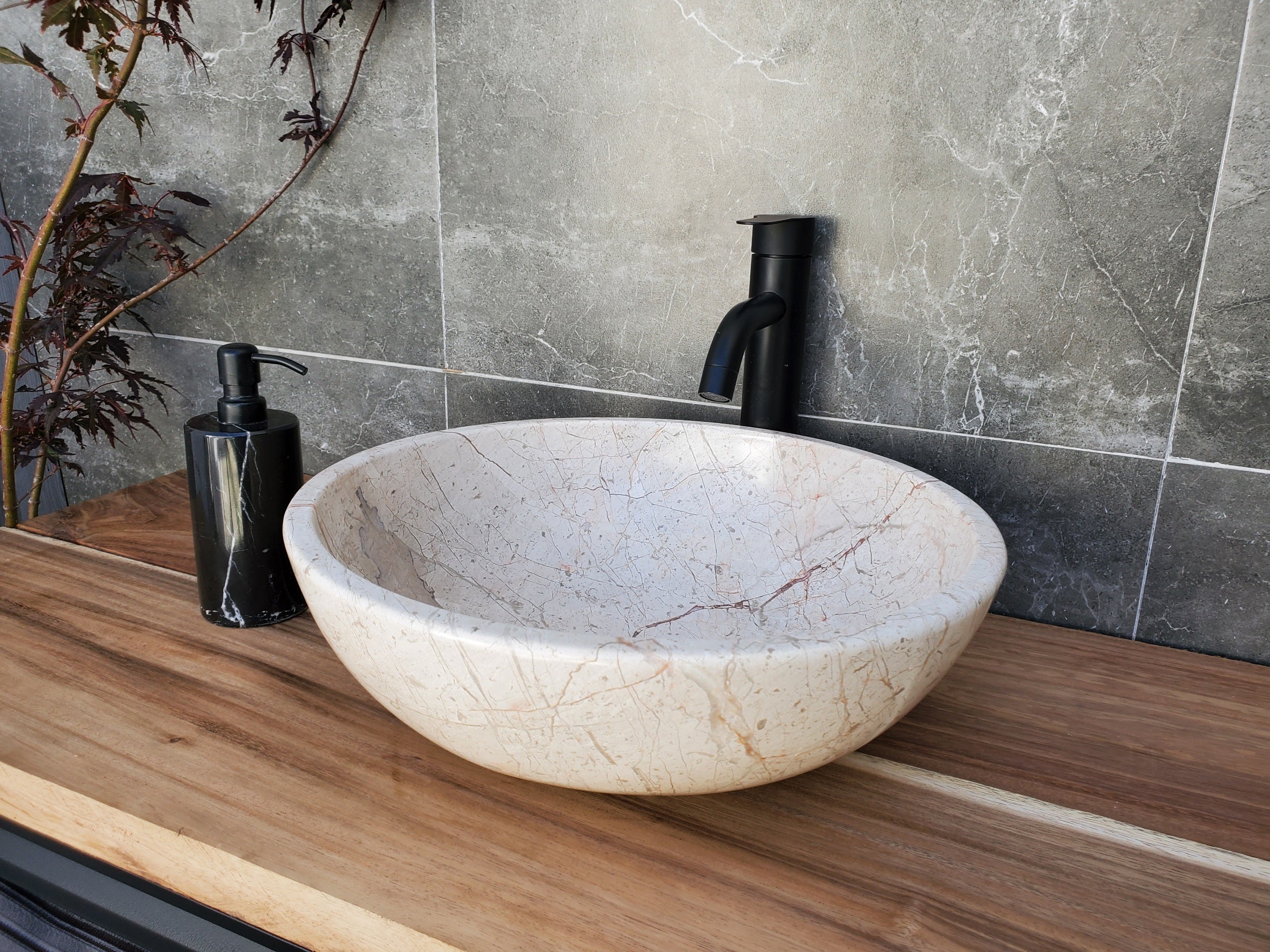 S28_28 Round Marble Stone Vessel Sink - 15.75 x 15.75 inch