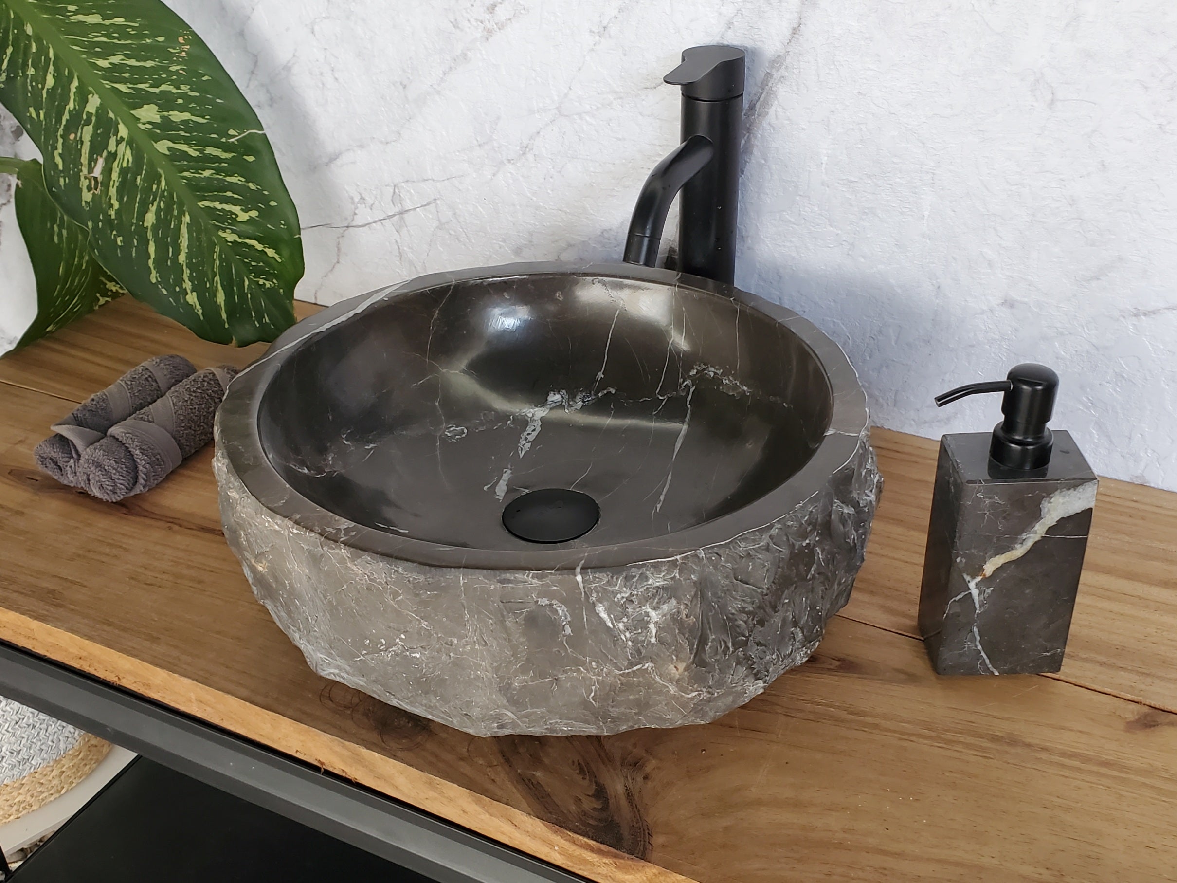 S37_23 Round Black Marble Stone Vessel Bathroom Sink - 16 x 16 inch Marble Sinks Featured Marble Sinks Sinks