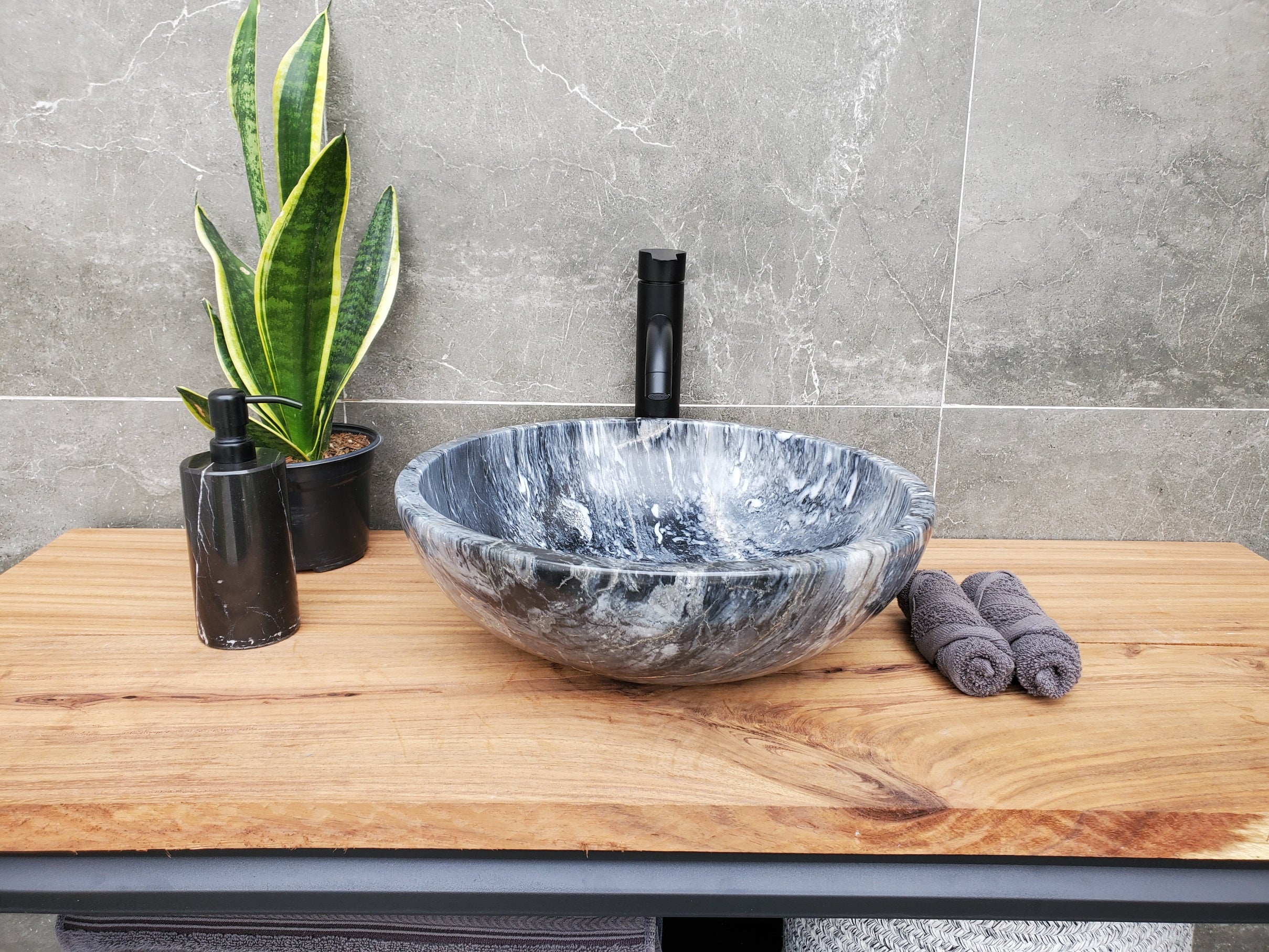 S31_05 Round Marble Vessel Bathroom Sink - 16 x 16  inch