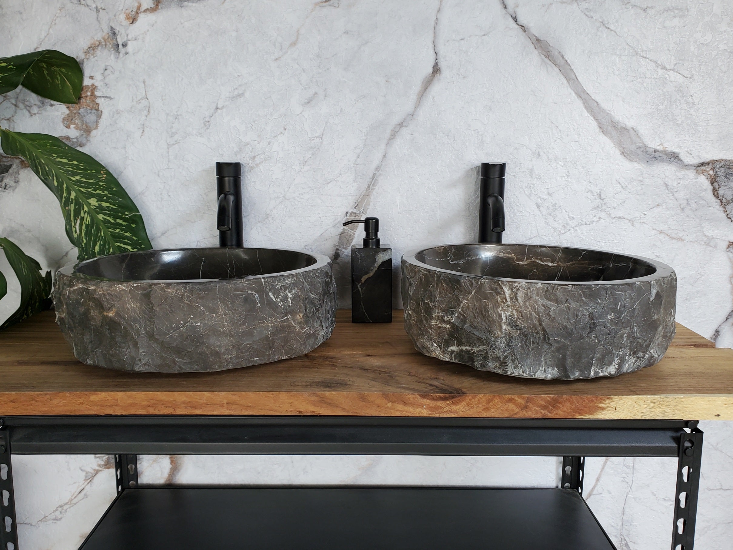 SET3709 Black Marble Vessel Sink Set, Natural Stone Round Bathroom Sinks Bathroom Sinks Featured Marble Sinks pair