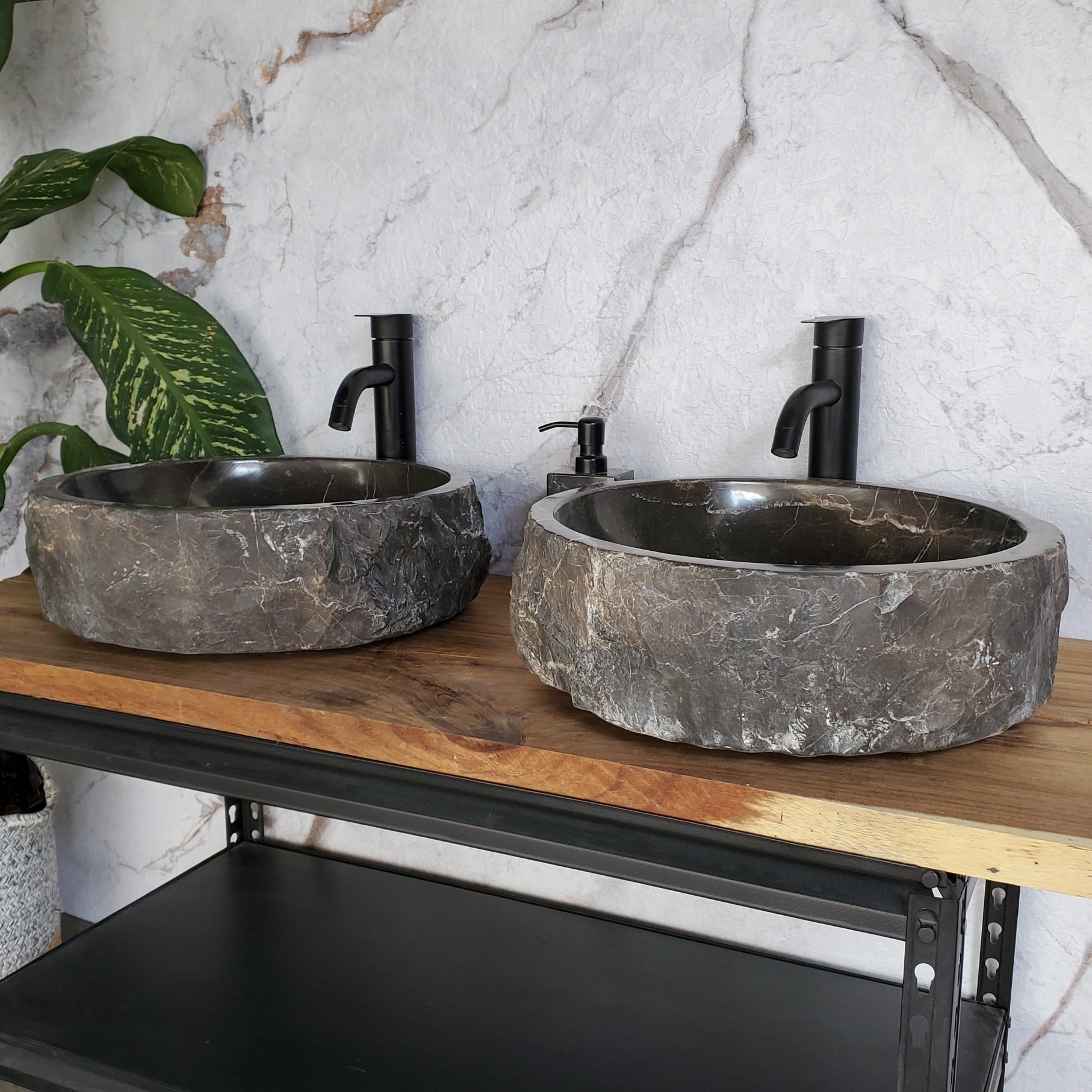 SET3709 Black Marble Vessel Sink Set, Natural Stone Round Bathroom Sinks Bathroom Sinks Featured Marble Sinks pair