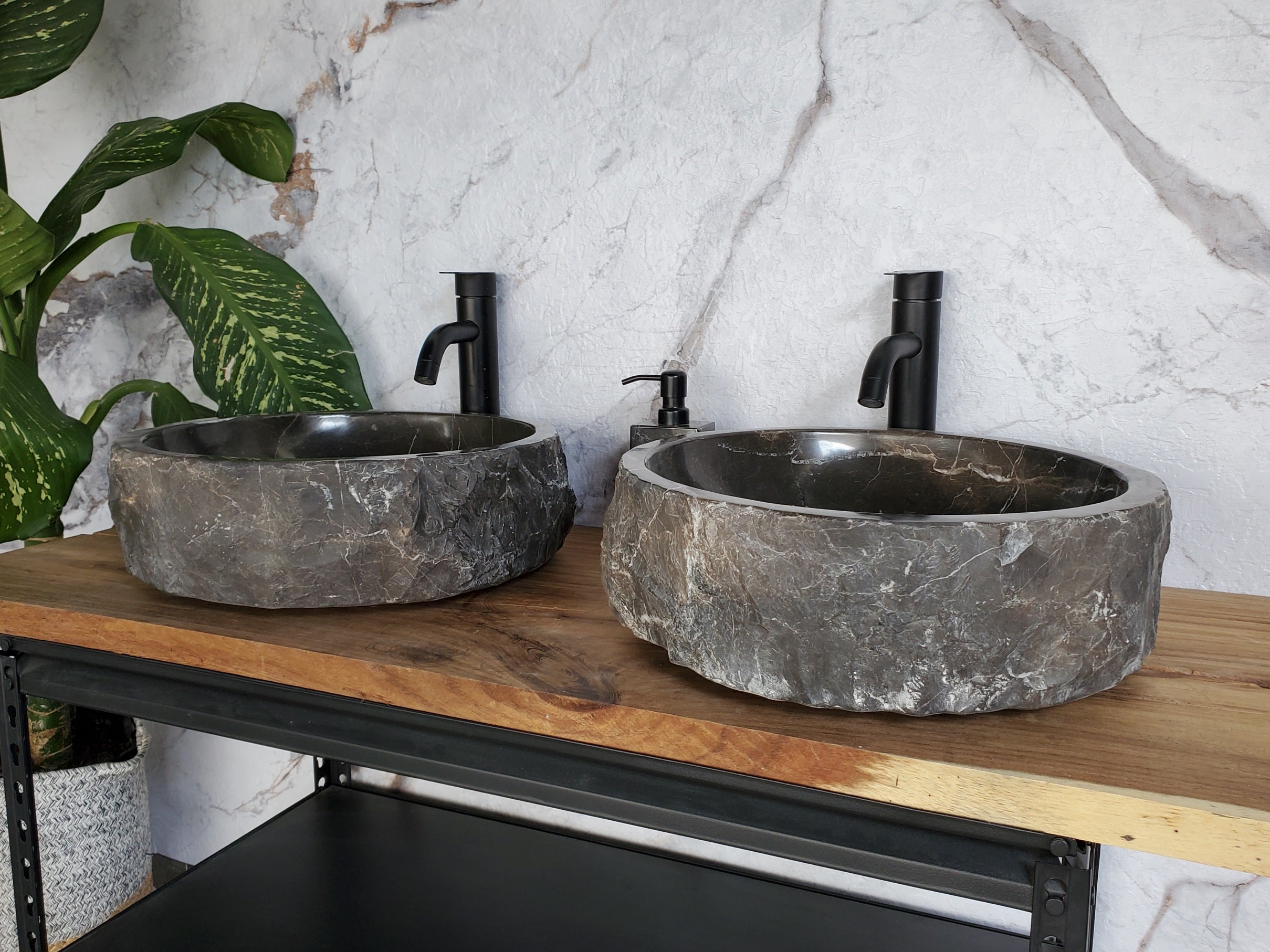 SET3709 Black Marble Vessel Sink Set, Natural Stone Round Bathroom Sinks Bathroom Sinks Featured Marble Sinks pair