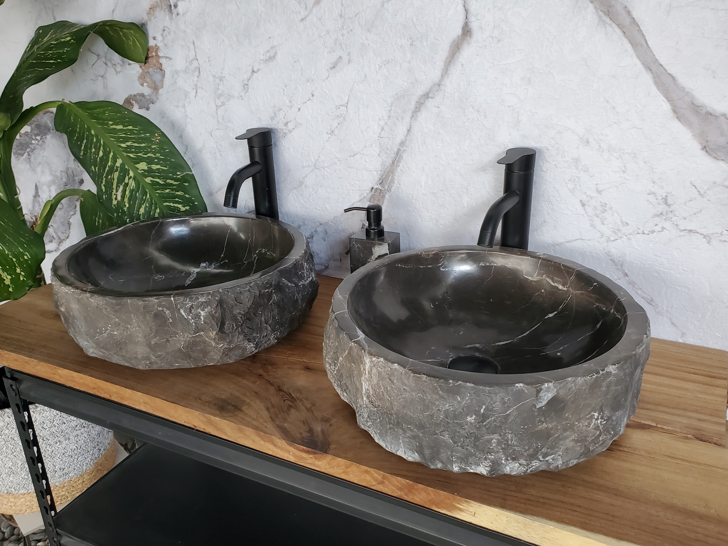 SET3709 Black Marble Vessel Sink Set, Natural Stone Round Bathroom Sinks Bathroom Sinks Featured Marble Sinks pair