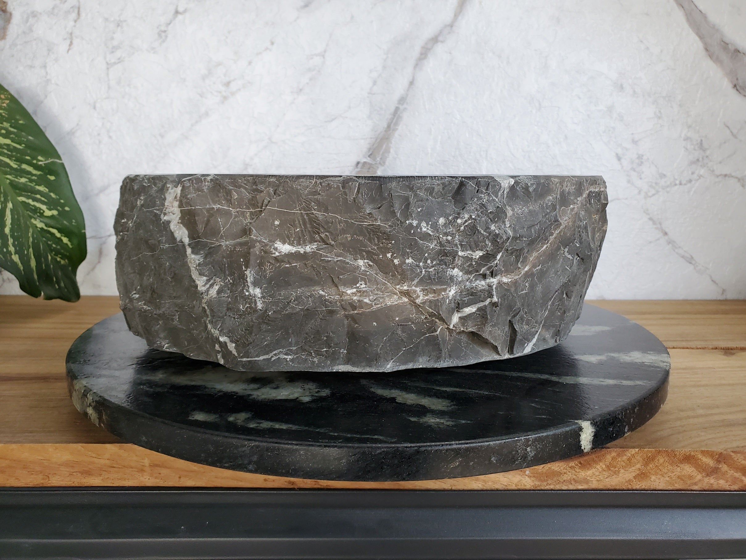 S37_23 Round Black Marble Stone Vessel Bathroom Sink - 16 x 16 inch Marble Sinks Featured Marble Sinks Sinks