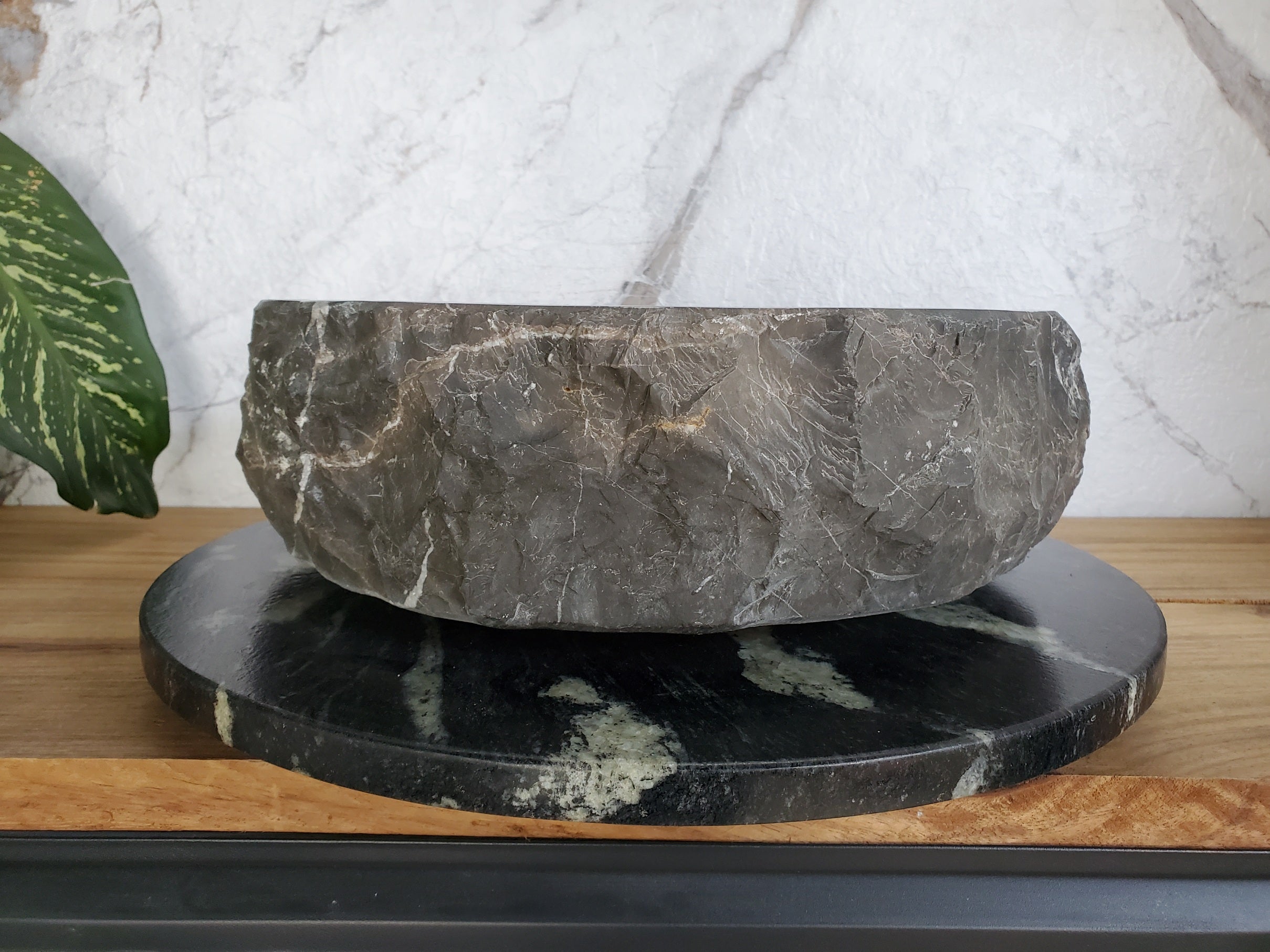 S37_23 Round Black Marble Stone Vessel Bathroom Sink - 16 x 16 inch Marble Sinks Featured Marble Sinks Sinks